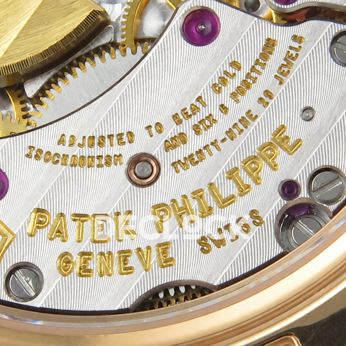 Patek Philippe Celestial 6102R-001 PPF replica with black dial and black leather strap — engraved movement bridge