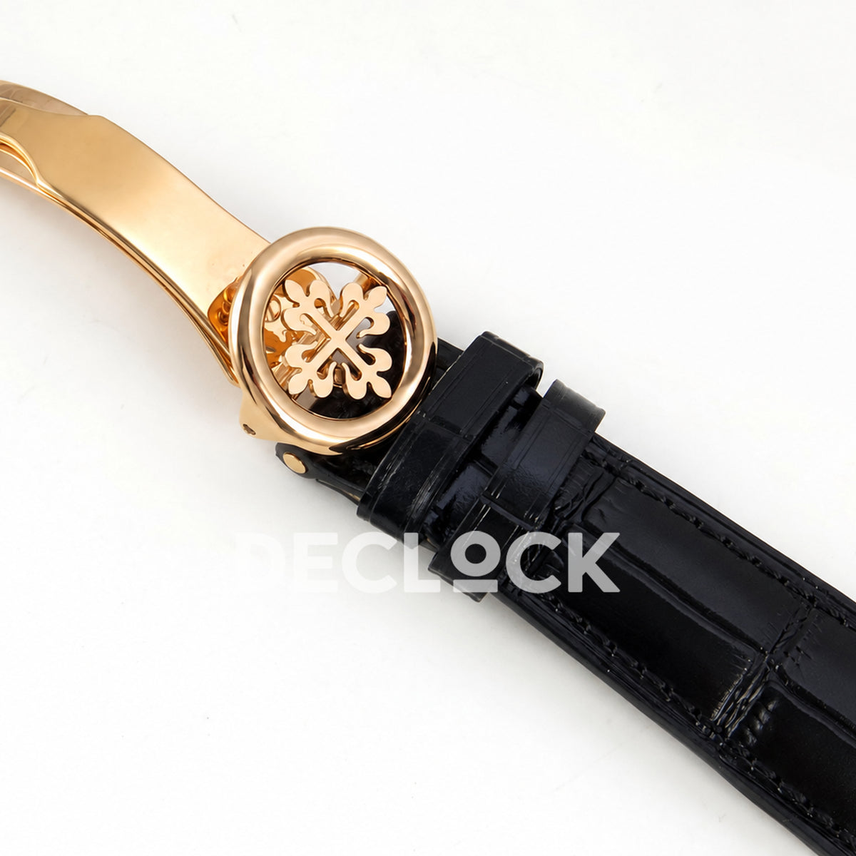 Patek Philippe Celestial 6102R-001 PPF replica with black dial and black leather strap — leather strap and clasp