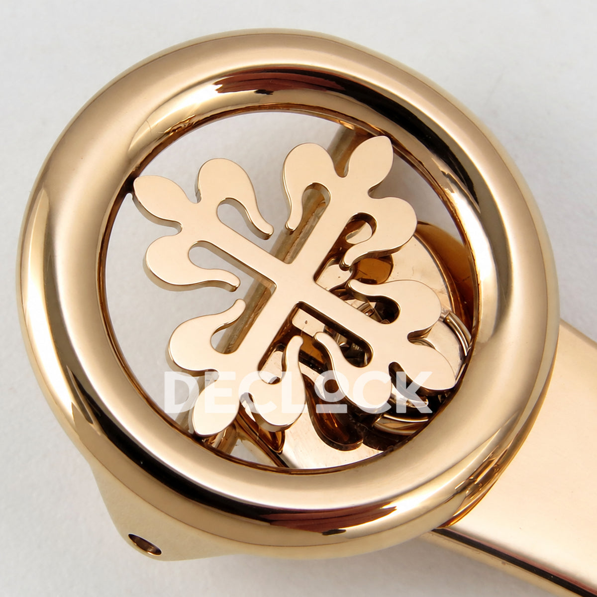 Patek Philippe Celestial 6102R-001 PPF replica with black dial and black leather strap — clasp emblem