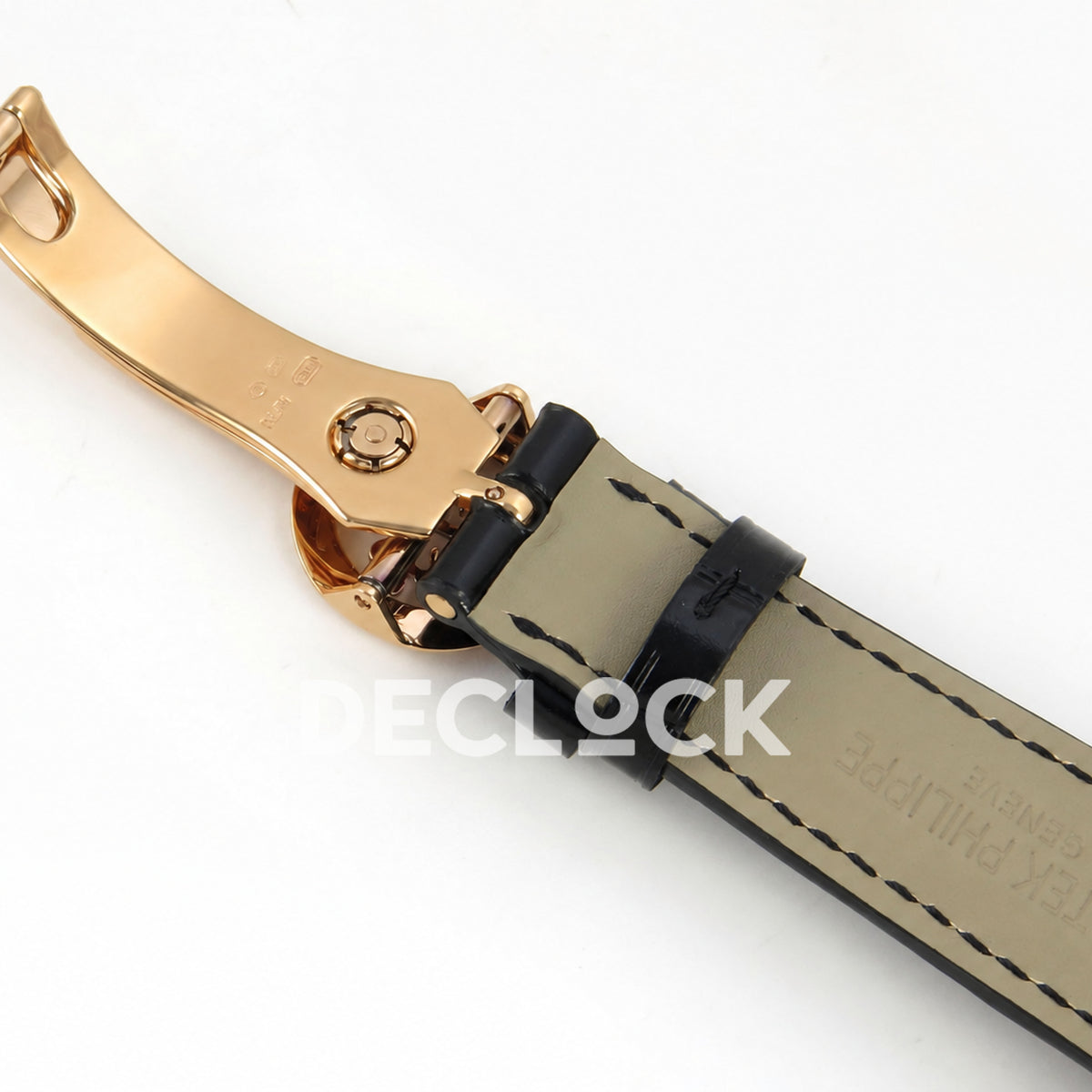 Patek Philippe Celestial 6102R-001 PPF replica with black dial and black leather strap — strap underside and open clasp