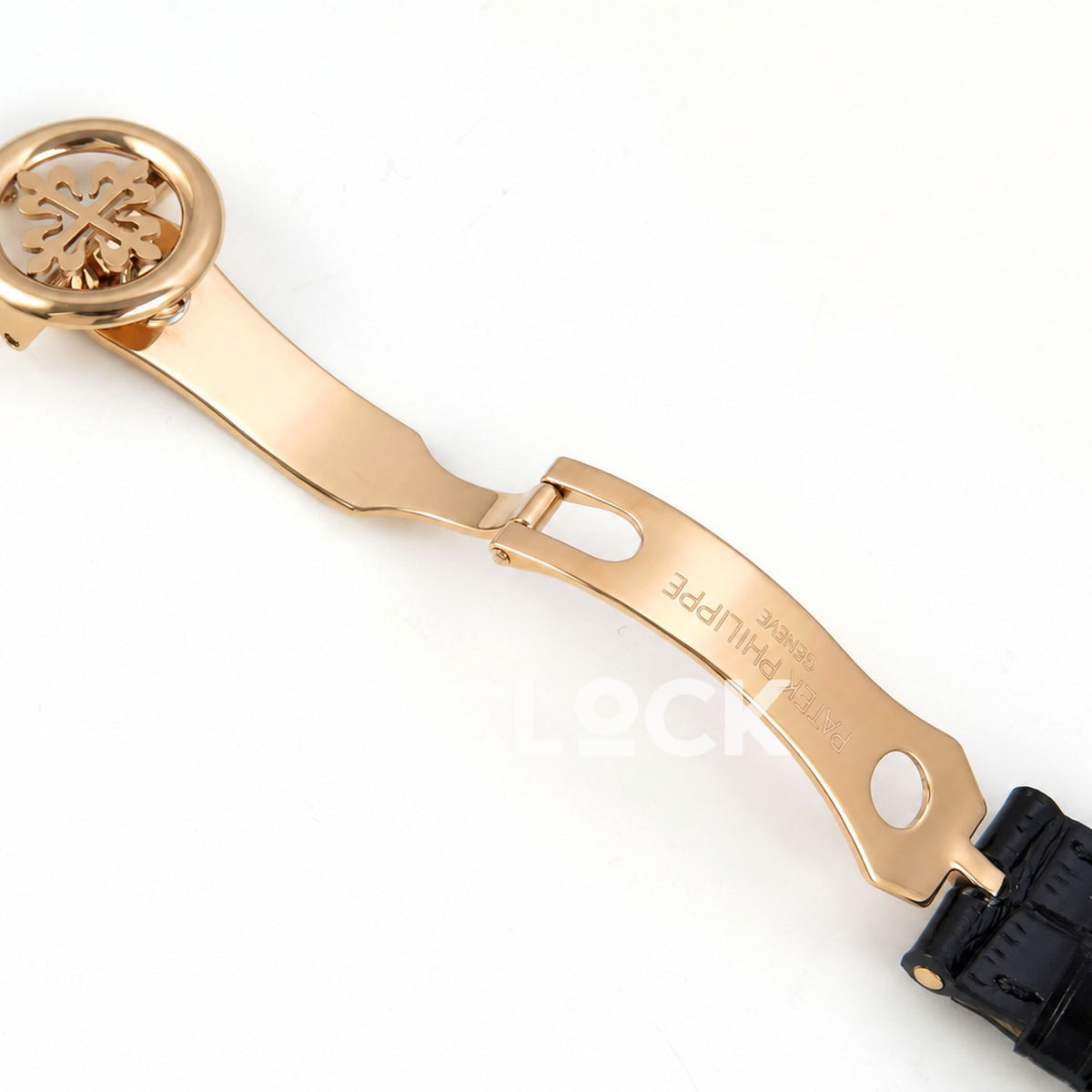 Patek Philippe Celestial 6102R-001 PPF replica with black dial and black leather strap — open clasp front