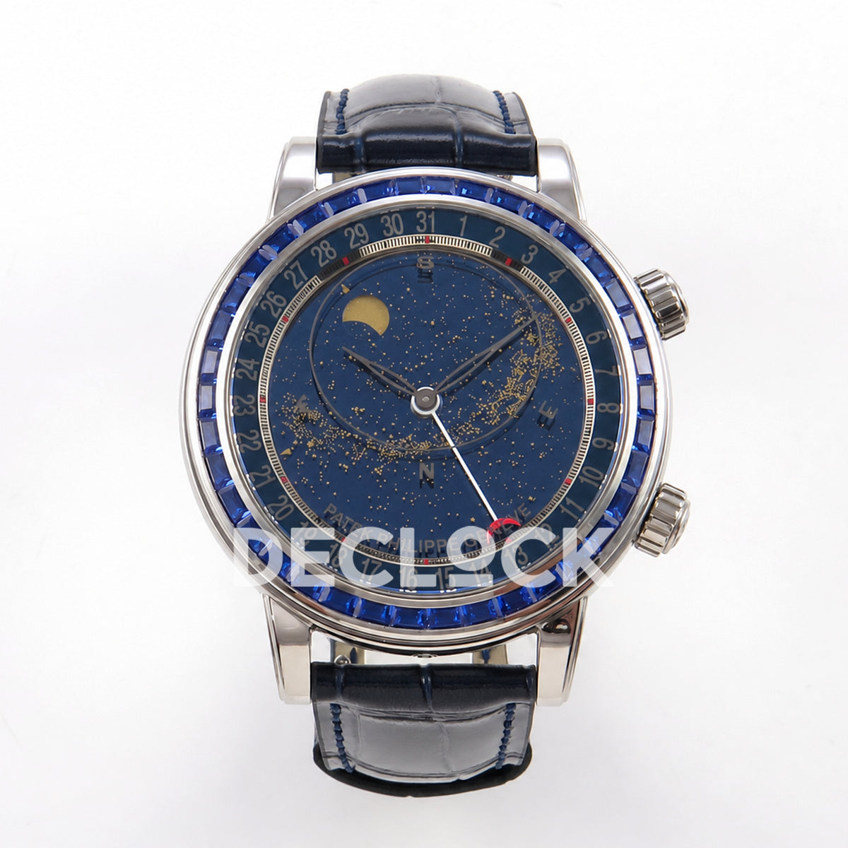 Patek Philippe Celestial 6104/11P-010 PPF replica with blue dial and blue stone bezel — full front view