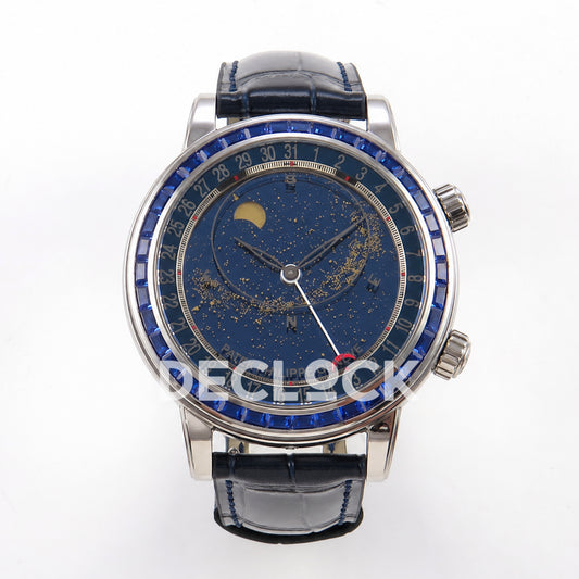 Patek Philippe Celestial 6104/11P-010 PPF replica with blue dial and blue stone bezel — full front view
