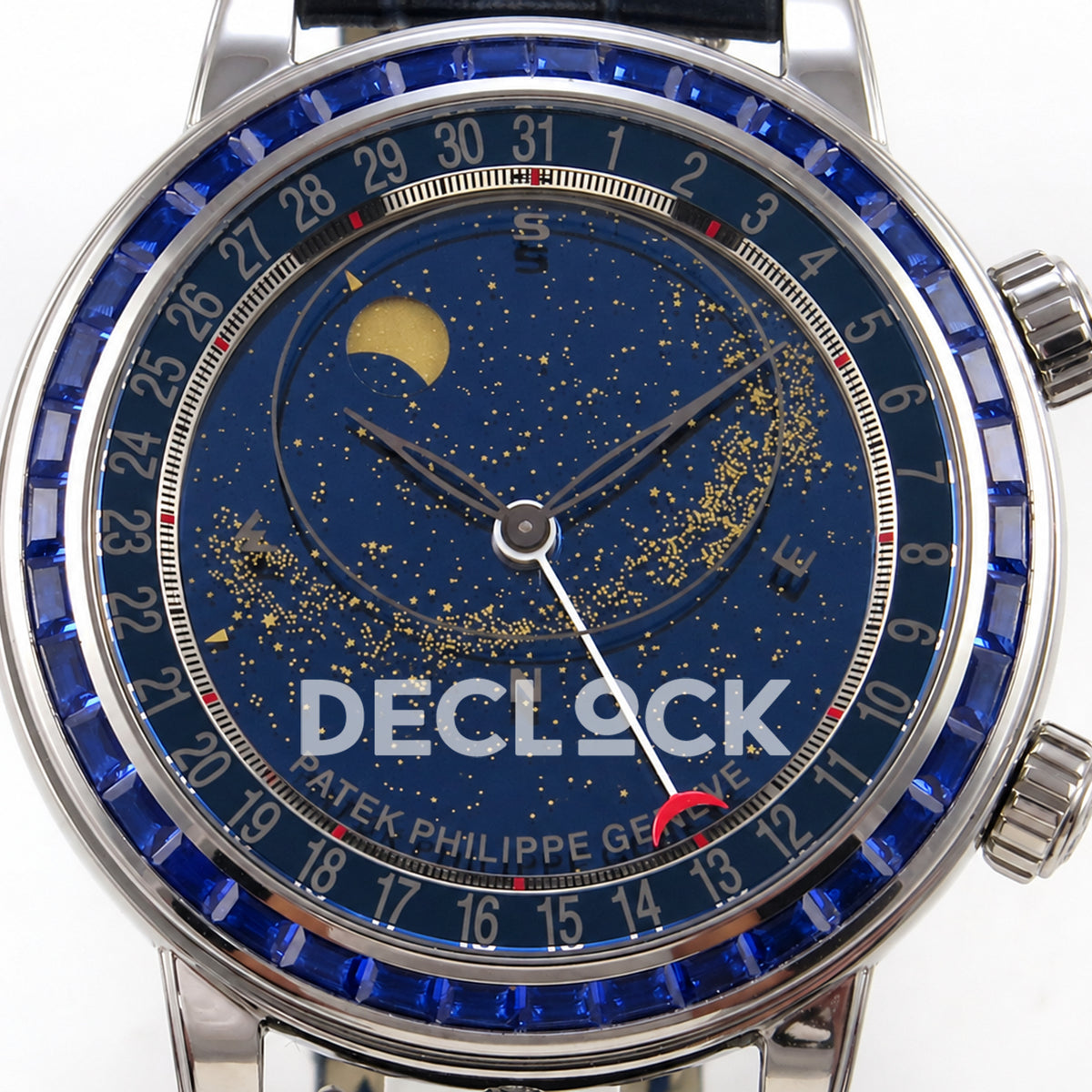 Patek Philippe Celestial 6104/11P-010 PPF replica with blue dial and blue stone bezel — front dial close-up