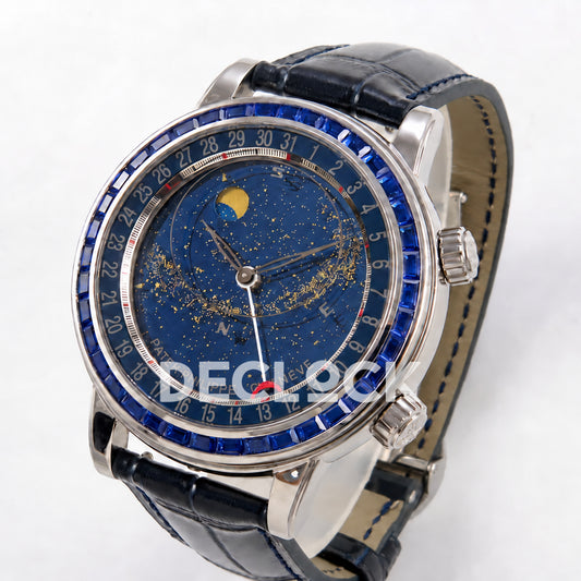 Patek Philippe Celestial 6104/11P-010 PPF replica with blue dial and blue stone bezel — three-quarter view
