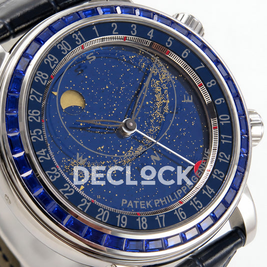 Patek Philippe Celestial 6104/11P-010 PPF replica with blue dial and blue stone bezel — left dial macro