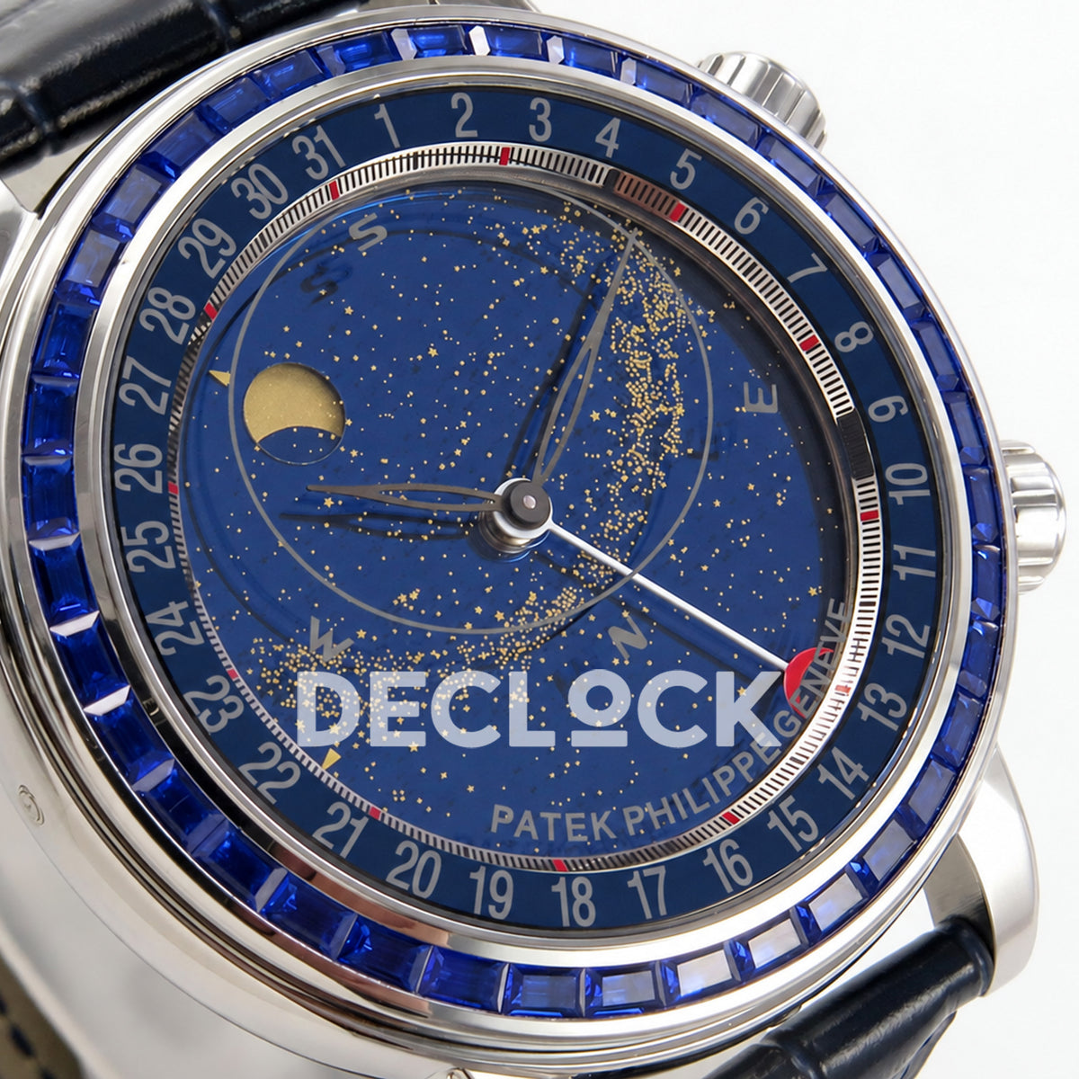 Patek Philippe Celestial 6104/11P-010 PPF replica with blue dial and blue stone bezel — left dial macro