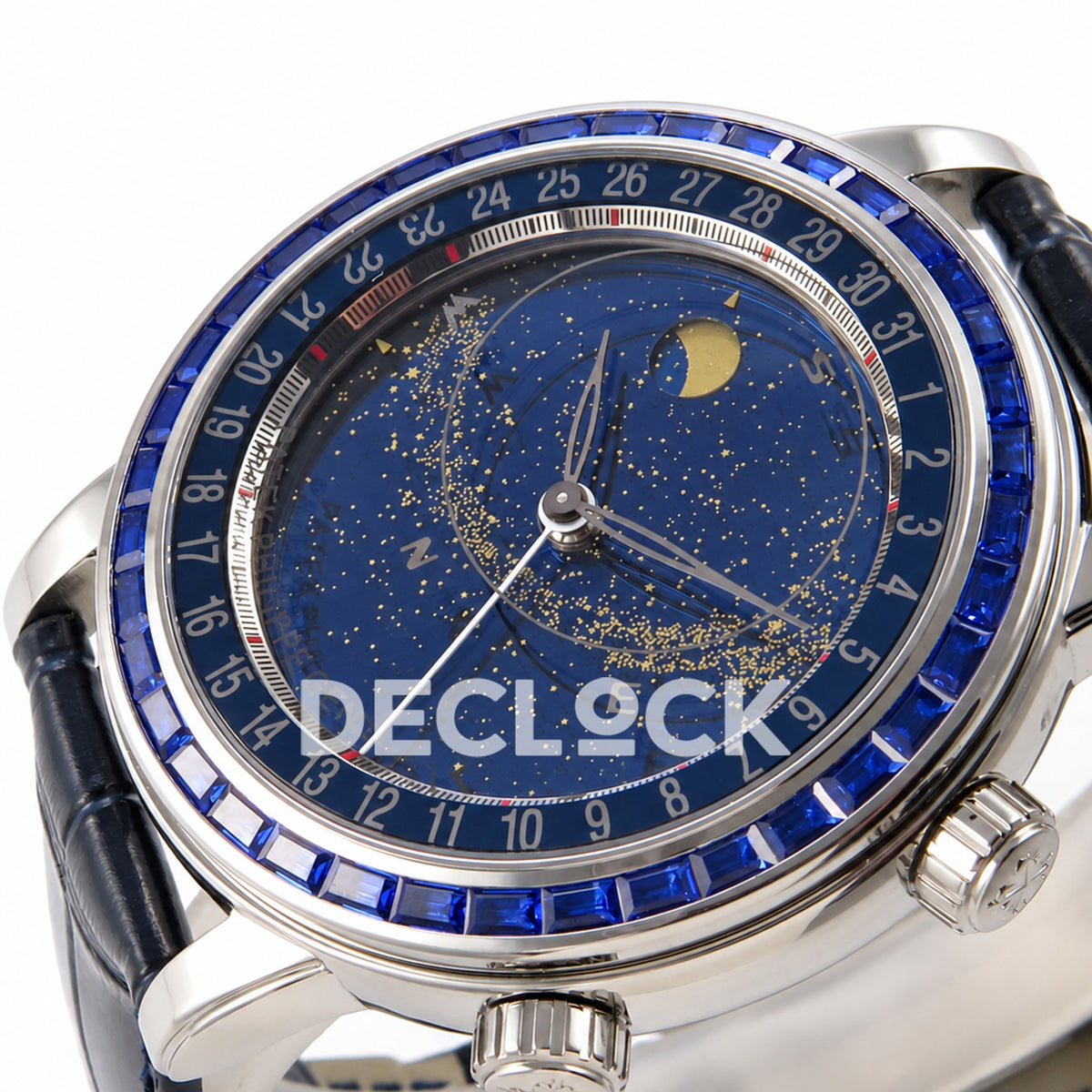 Patek Philippe Celestial 6104/11P-010 PPF replica with blue dial and blue stone bezel — right dial macro