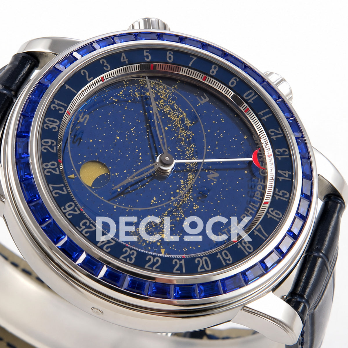Patek Philippe Celestial 6104/11P-010 PPF replica with blue dial and blue stone bezel — angled dial macro