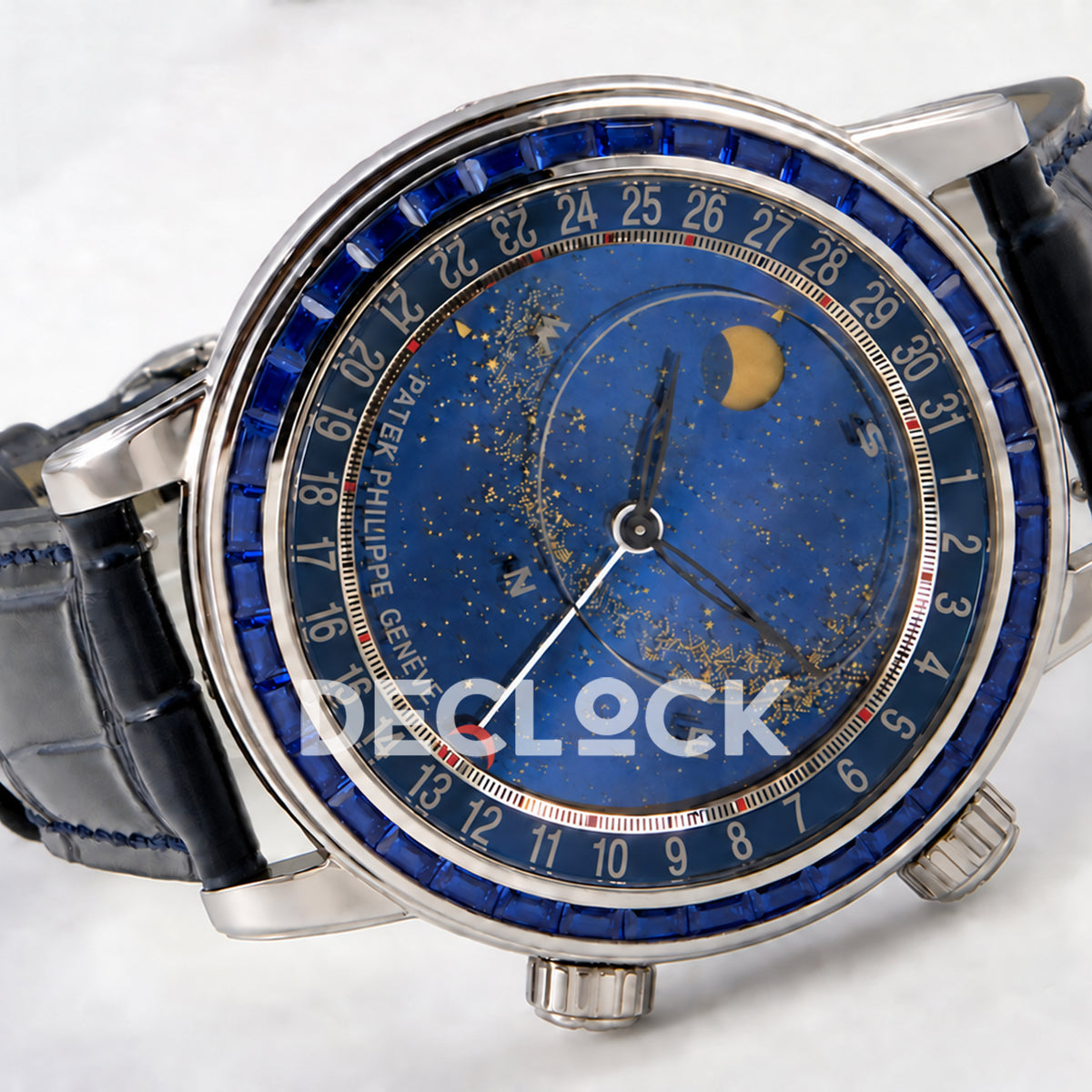 Patek Philippe Celestial 6104/11P-010 PPF replica with blue dial and blue stone bezel — sideways dial view