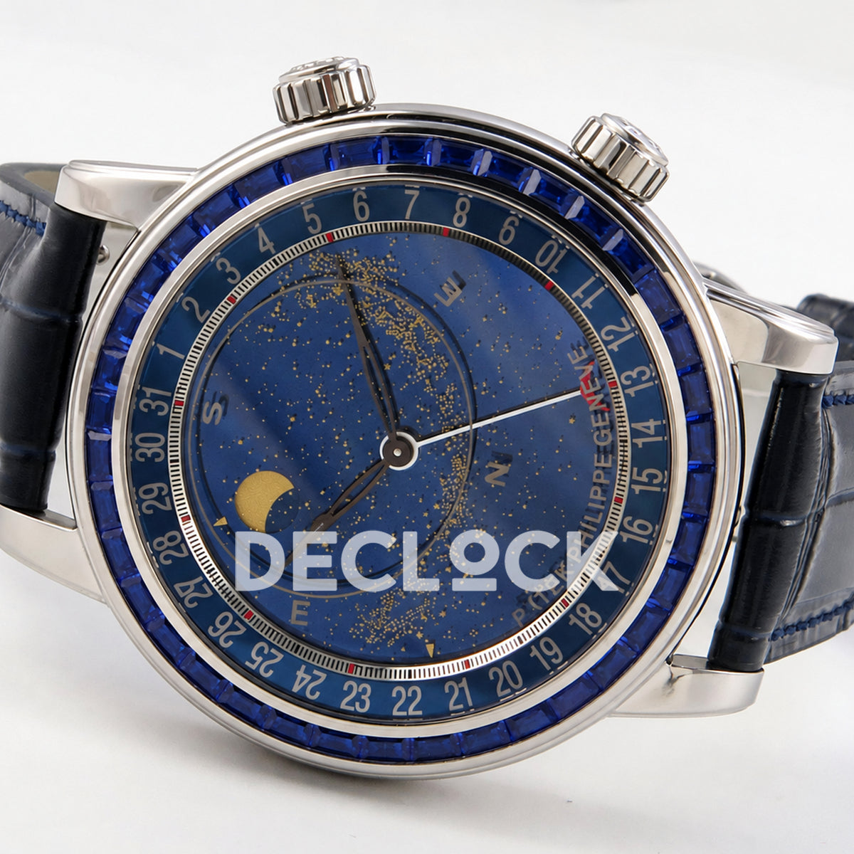 Patek Philippe Celestial 6104/11P-010 PPF replica with blue dial and blue stone bezel — opposite sideways dial view