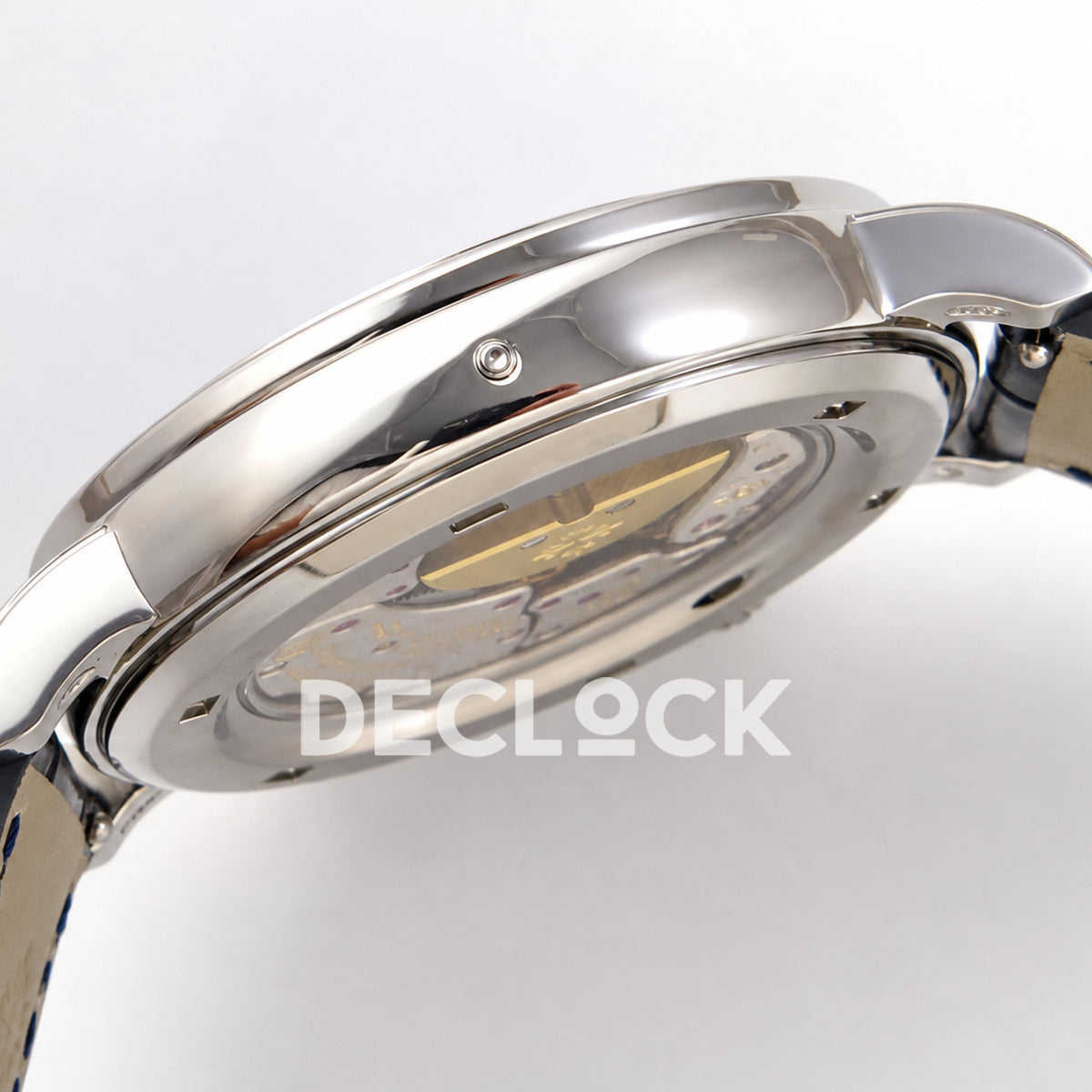Patek Philippe Celestial 6104/11P-010 PPF replica with blue dial and blue stone bezel — case profile and pushbutton