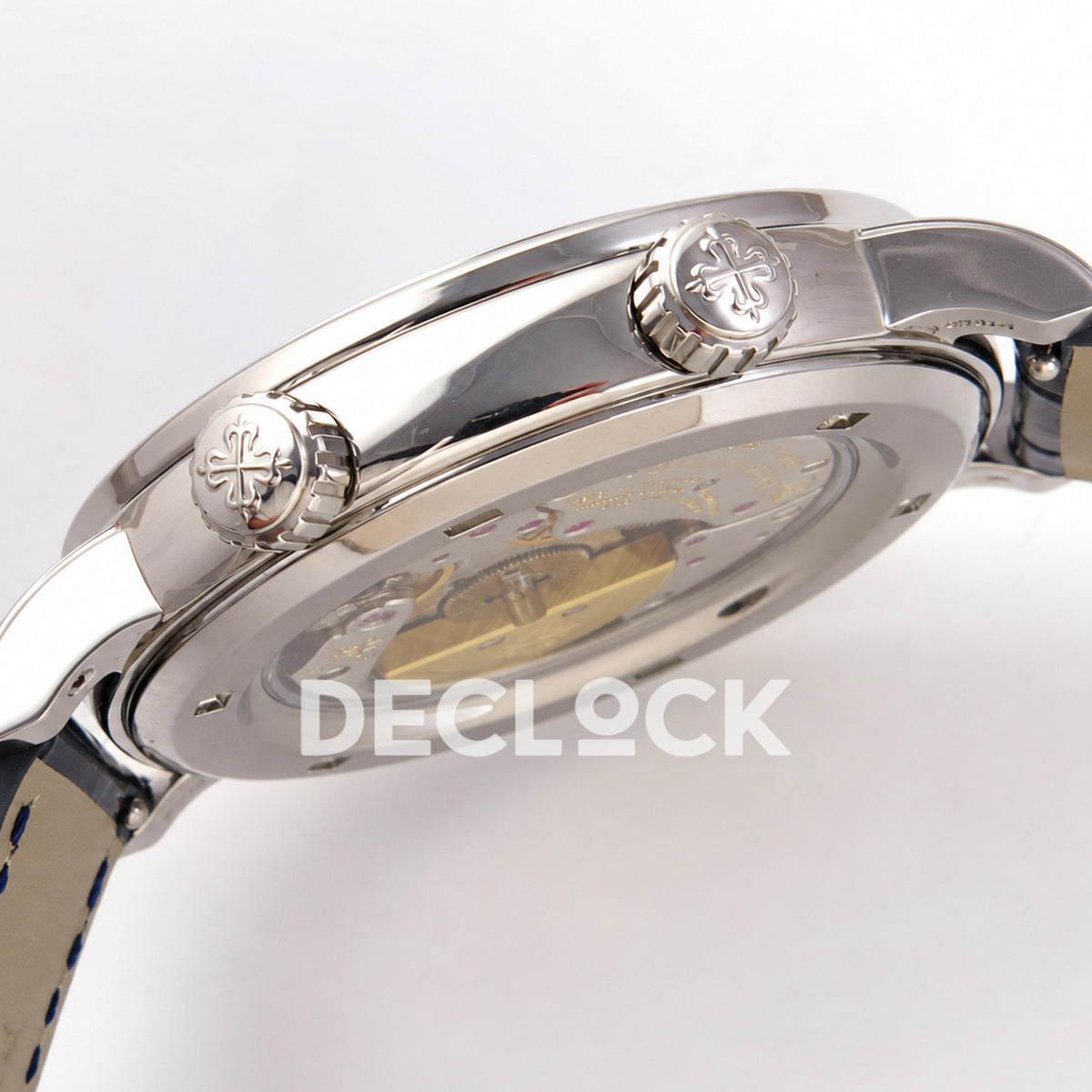 Patek Philippe Celestial 6104/11P-010 PPF replica with blue dial and blue stone bezel — case profile and crowns