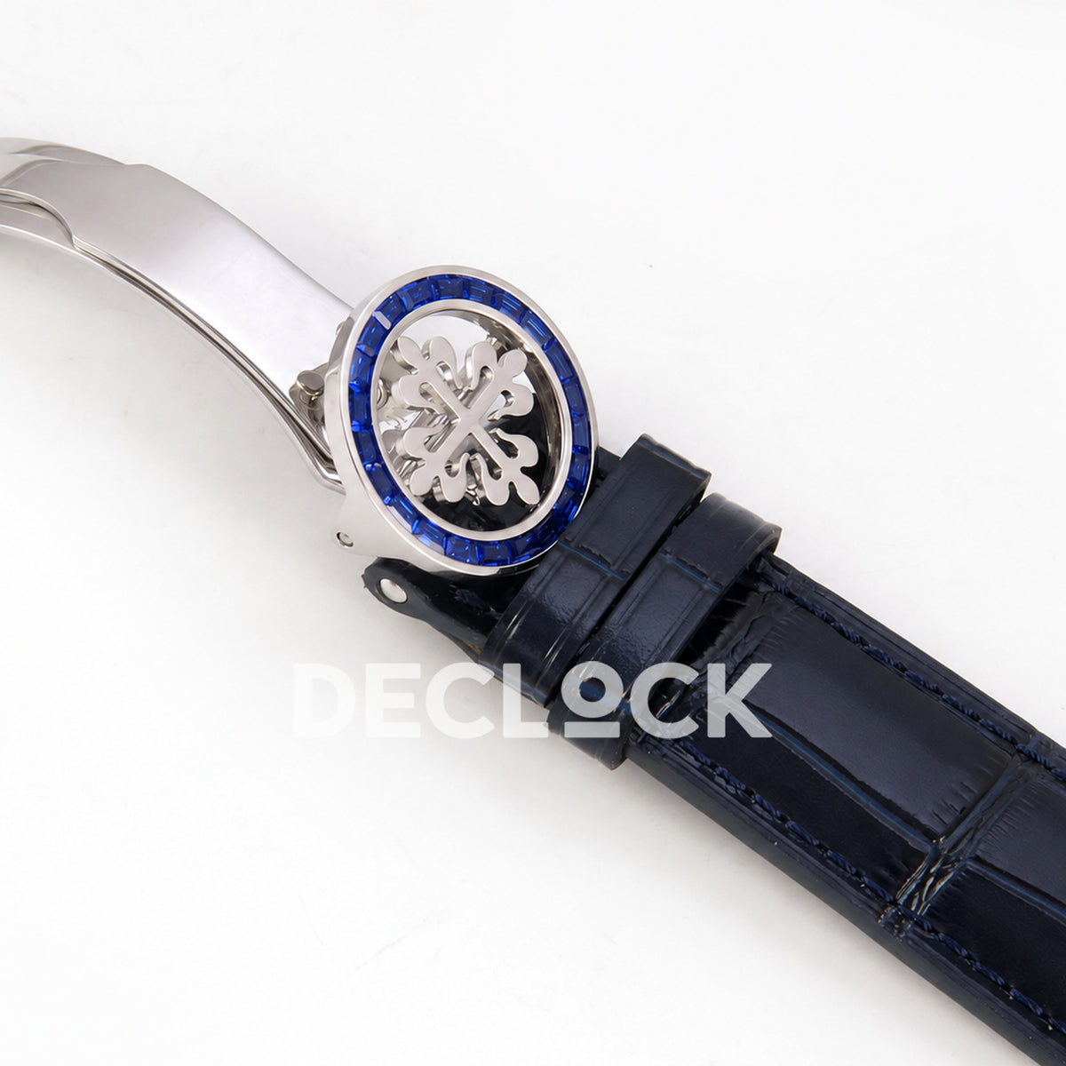 Patek Philippe Celestial 6104/11P-010 PPF replica with blue dial and blue stone bezel — leather strap and blue stone clasp