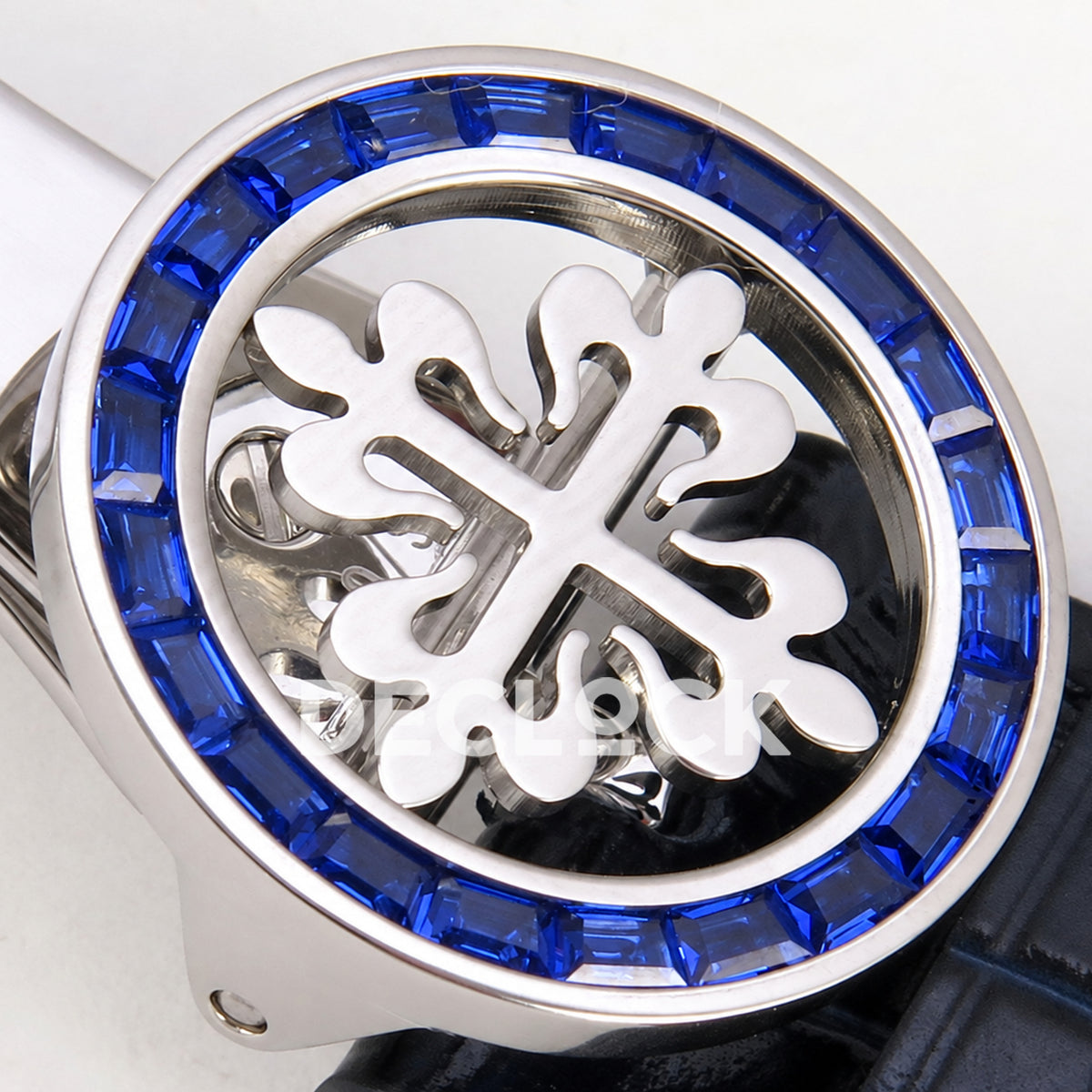 Patek Philippe Celestial 6104/11P-010 PPF replica with blue dial and blue stone bezel — blue stone clasp emblem