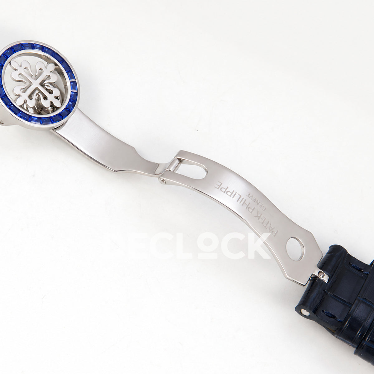 Patek Philippe Celestial 6104/11P-010 PPF replica with blue dial and blue stone bezel — open clasp front