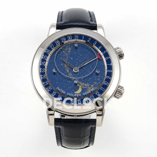 Patek Philippe Celestial 6102P-001 PPF replica with blue dial and blue leather strap — full front view