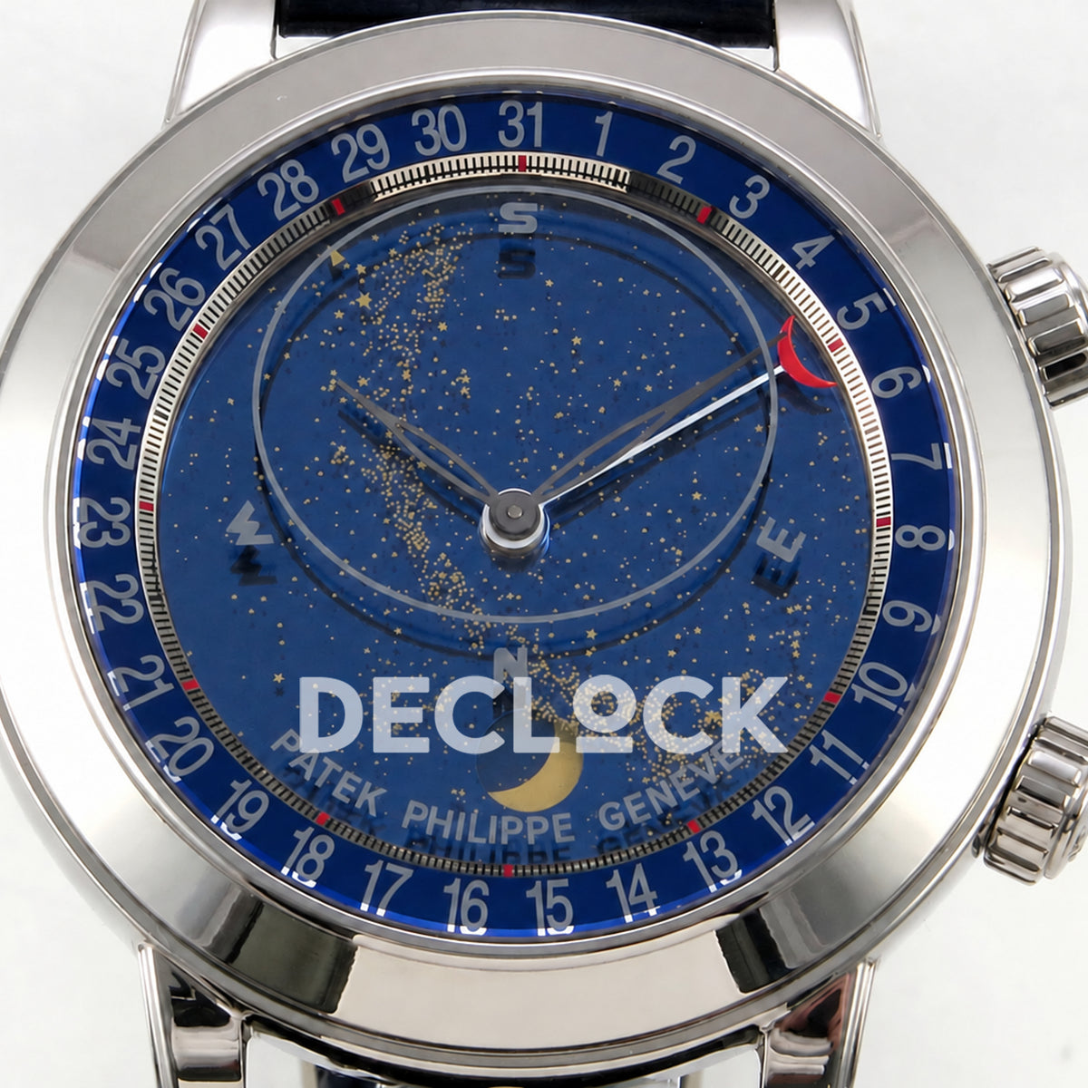 Patek Philippe Celestial 6102P-001 PPF replica with blue dial and blue leather strap — front dial close-up