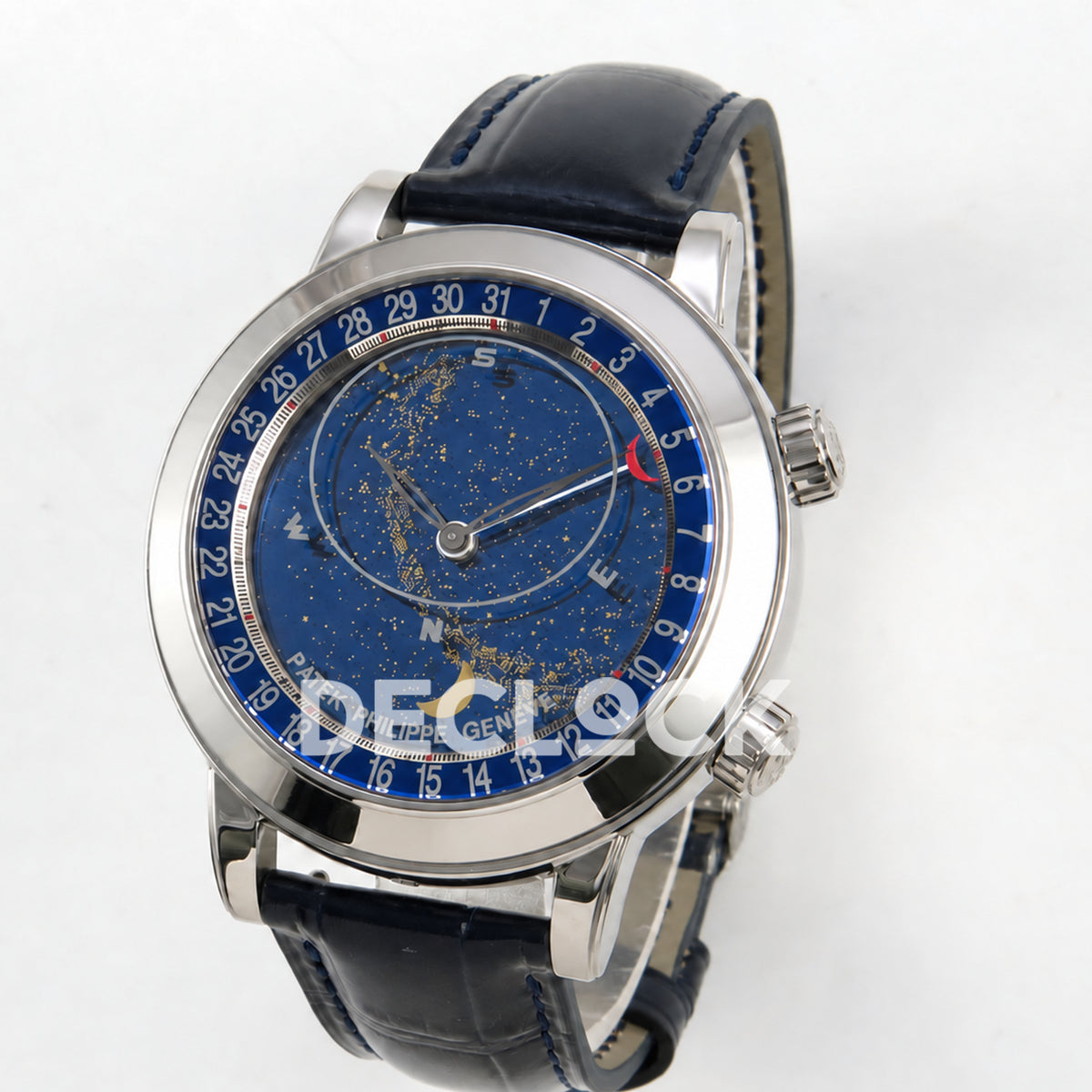 Patek Philippe Celestial 6102P-001 PPF replica with blue dial and blue leather strap — three-quarter view