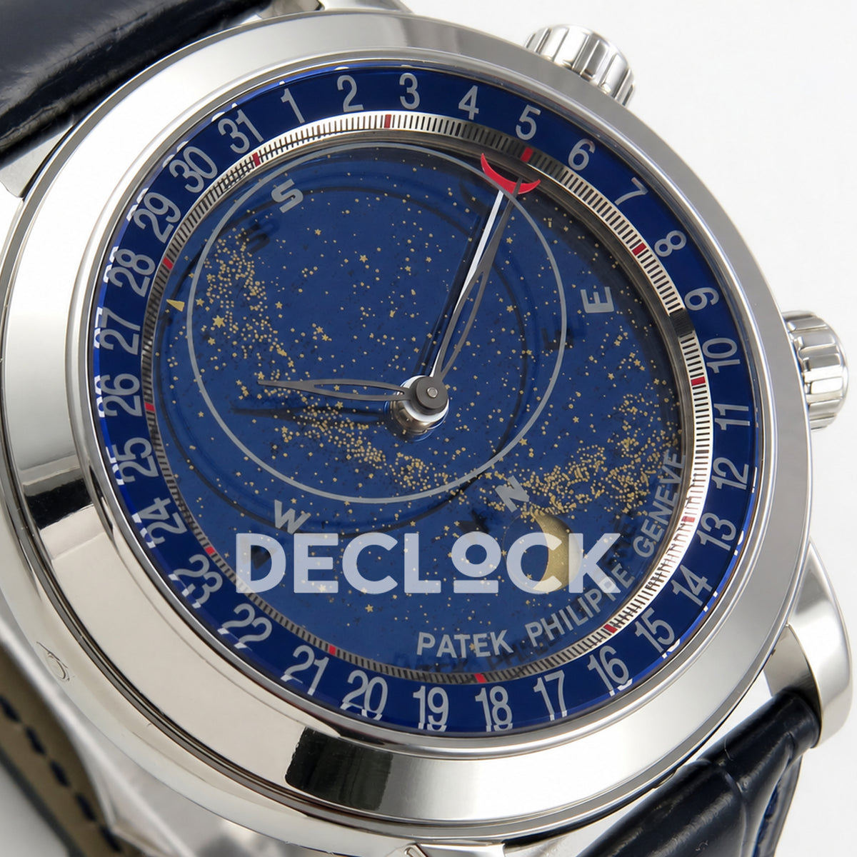 Patek Philippe Celestial 6102P-001 PPF replica with blue dial and blue leather strap — left dial detail