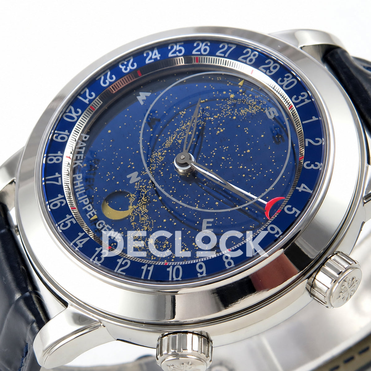 Patek Philippe Celestial 6102P-001 PPF replica with blue dial and blue leather strap — right dial detail