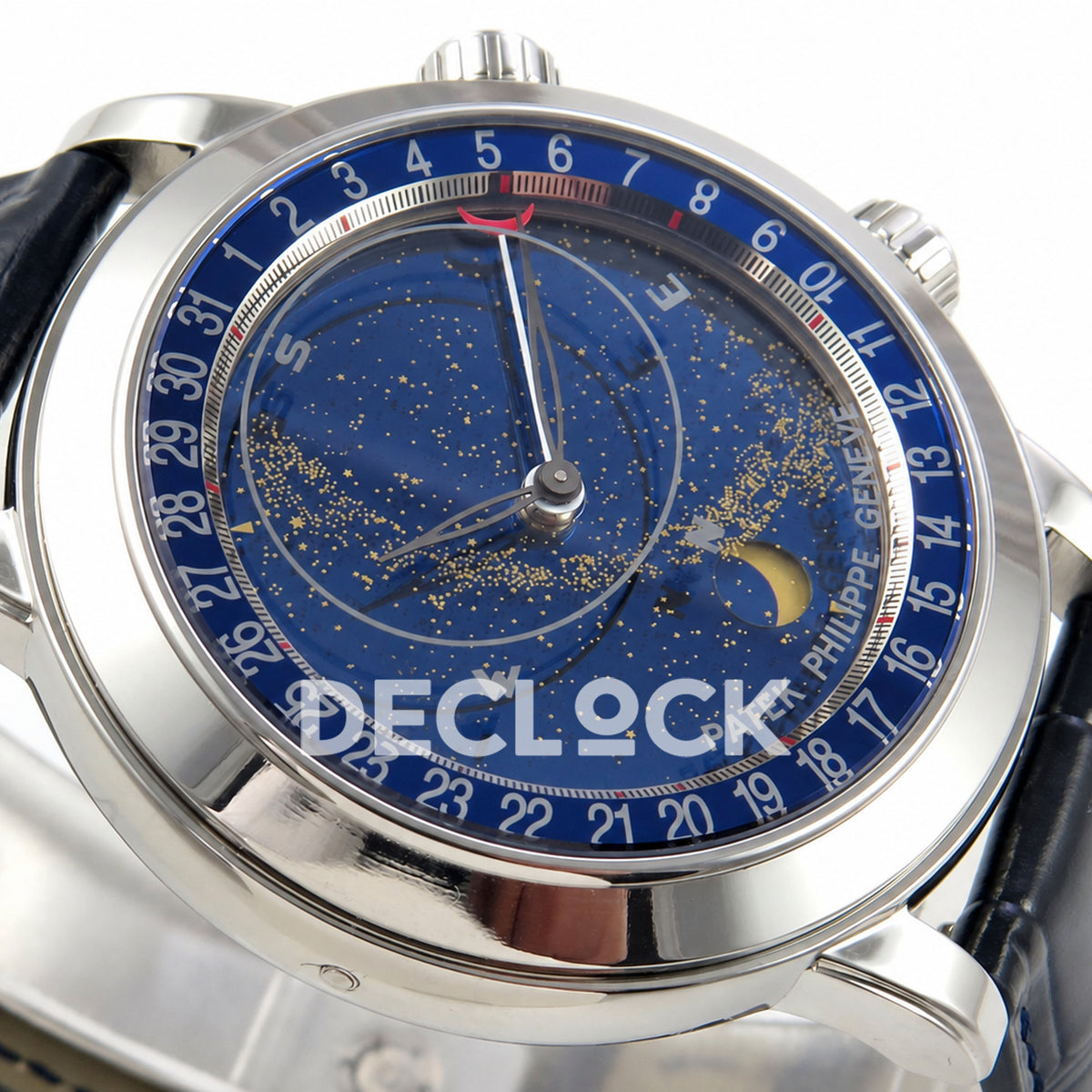 Patek Philippe Celestial 6102P-001 PPF replica with blue dial and blue leather strap — angled dial detail