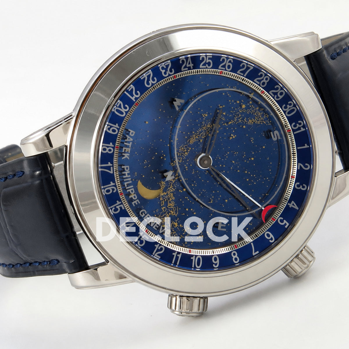 Patek Philippe Celestial 6102P-001 PPF replica with blue dial and blue leather strap — sideways dial view