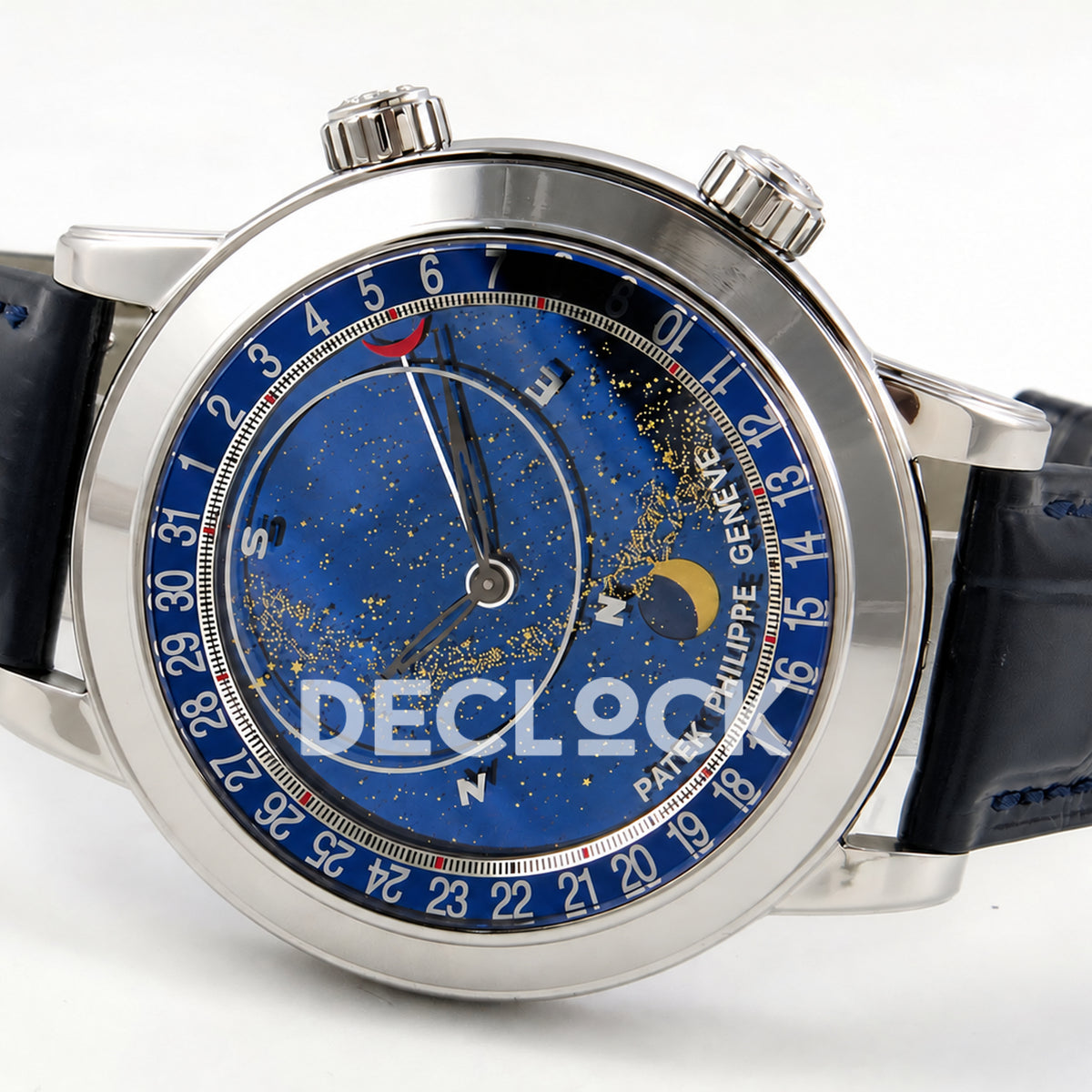 Patek Philippe Celestial 6102P-001 PPF replica with blue dial and blue leather strap — opposite sideways dial view