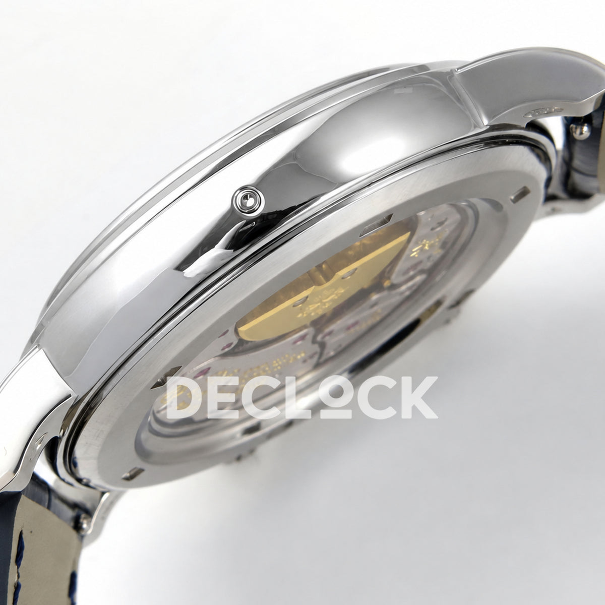 Patek Philippe Celestial 6102P-001 PPF replica with blue dial and blue leather strap — case profile with pushbutton