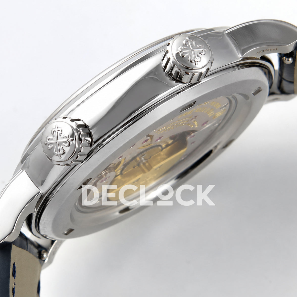 Patek Philippe Celestial 6102P-001 PPF replica with blue dial and blue leather strap — case profile with crowns