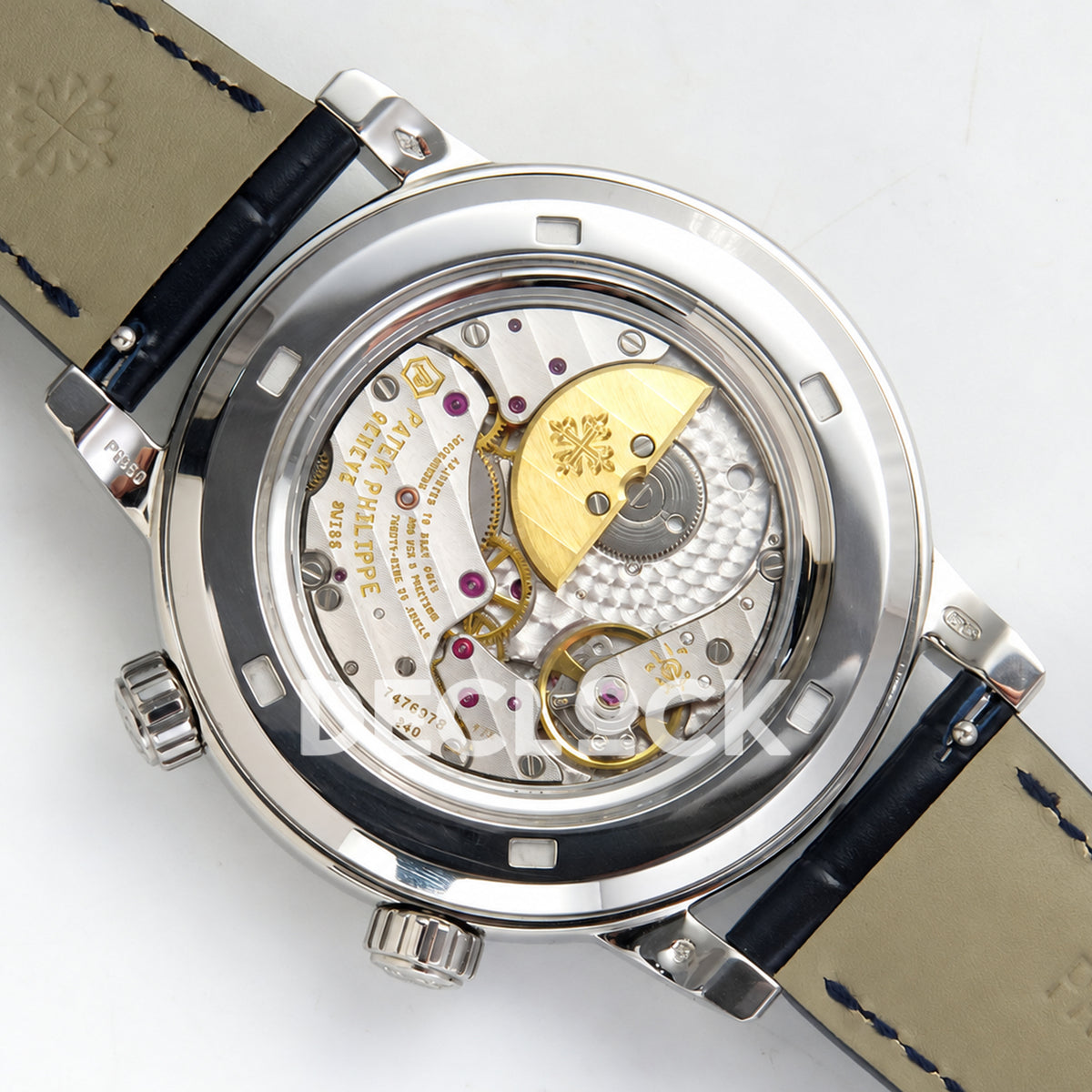 Patek Philippe Celestial 6102P-001 PPF replica with blue dial and blue leather strap — caseback and micro-rotor