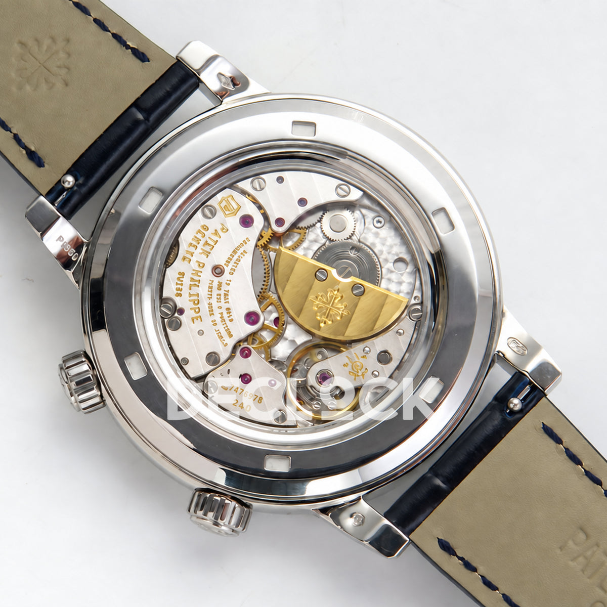 Patek Philippe Celestial 6102P-001 PPF replica with blue dial and blue leather strap — caseback with rotor turned