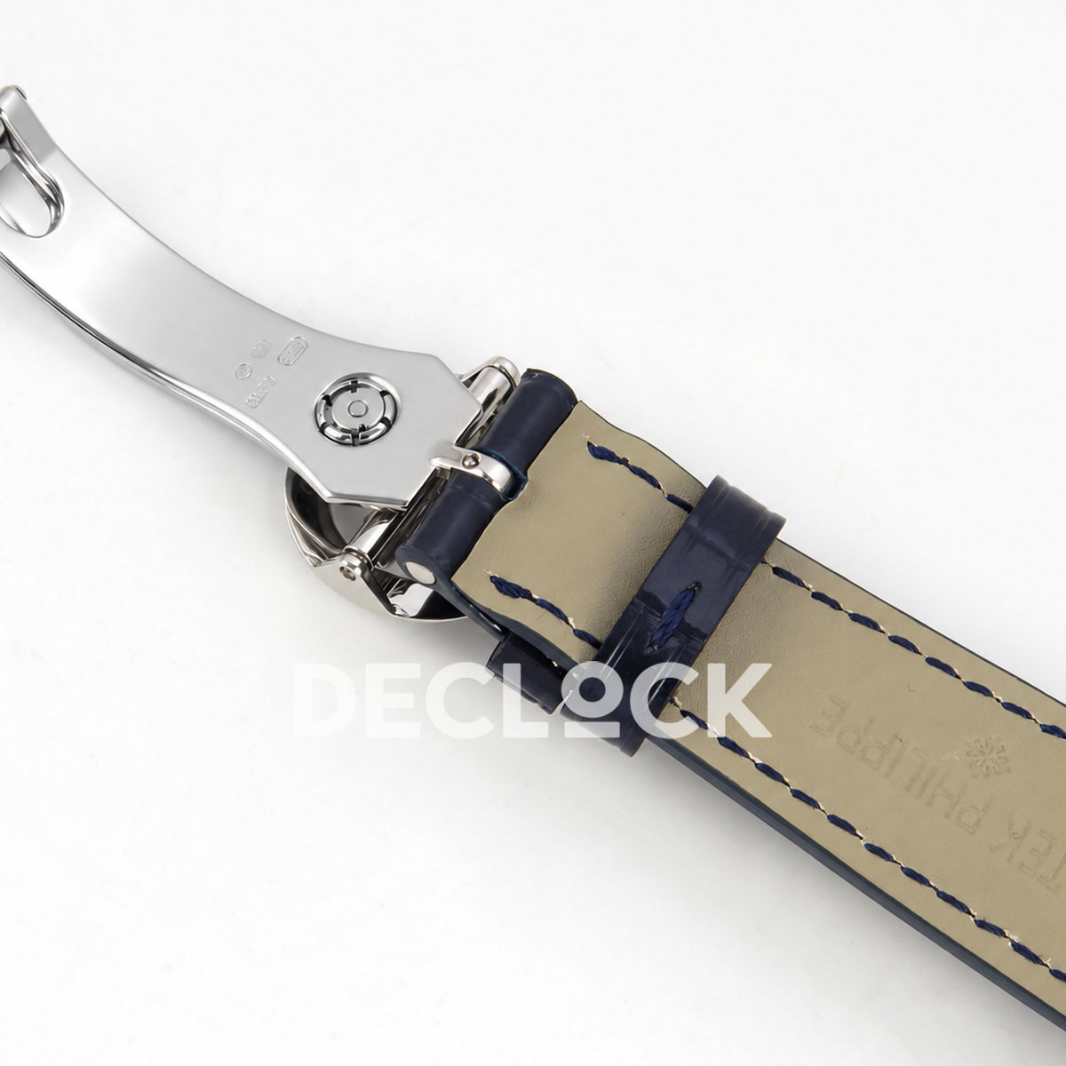 Patek Philippe Celestial 6102P-001 PPF replica with blue dial and blue leather strap — strap underside and open clasp