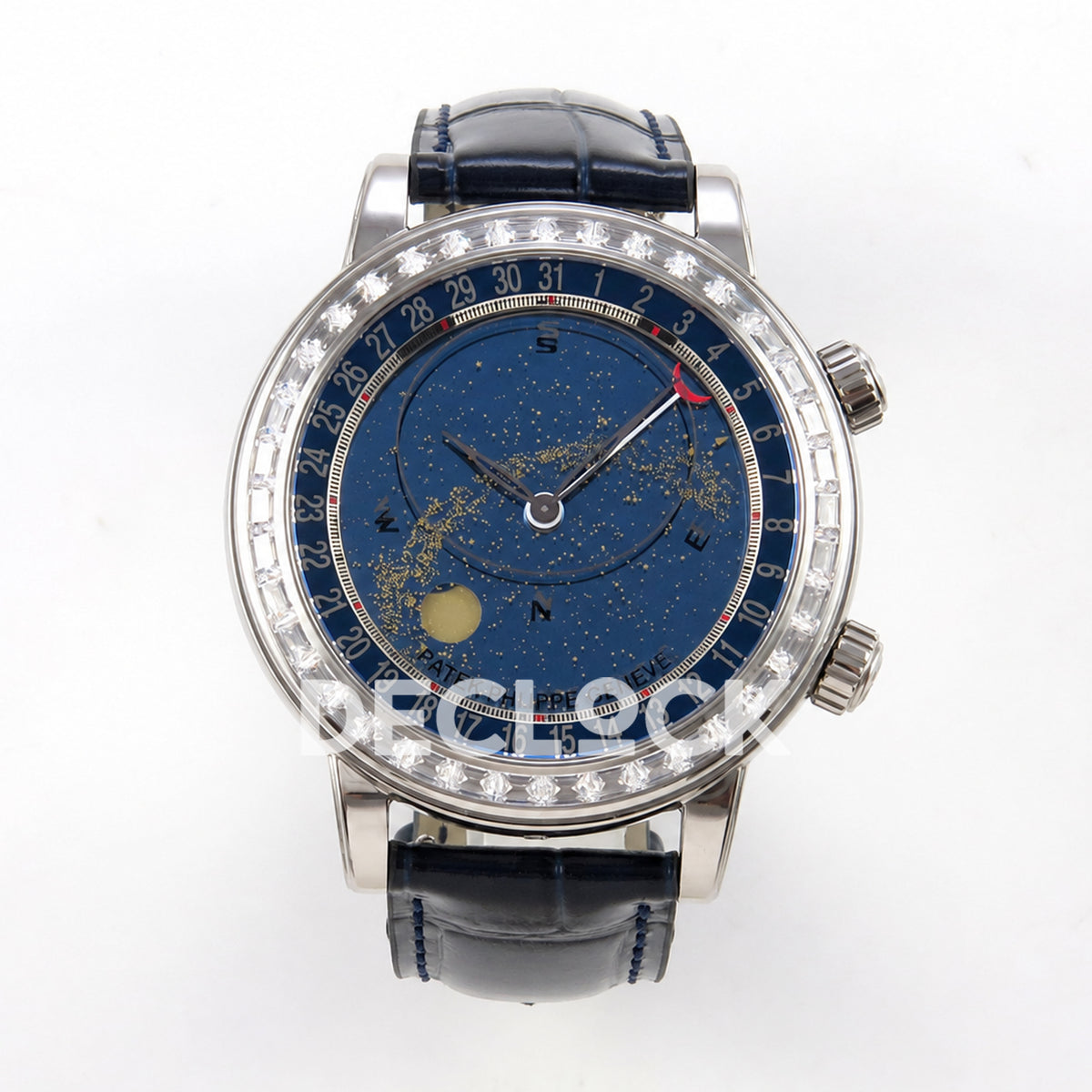 Patek Philippe Celestial 6104P-010 PPF replica with blue dial and clear stone bezel — full front view