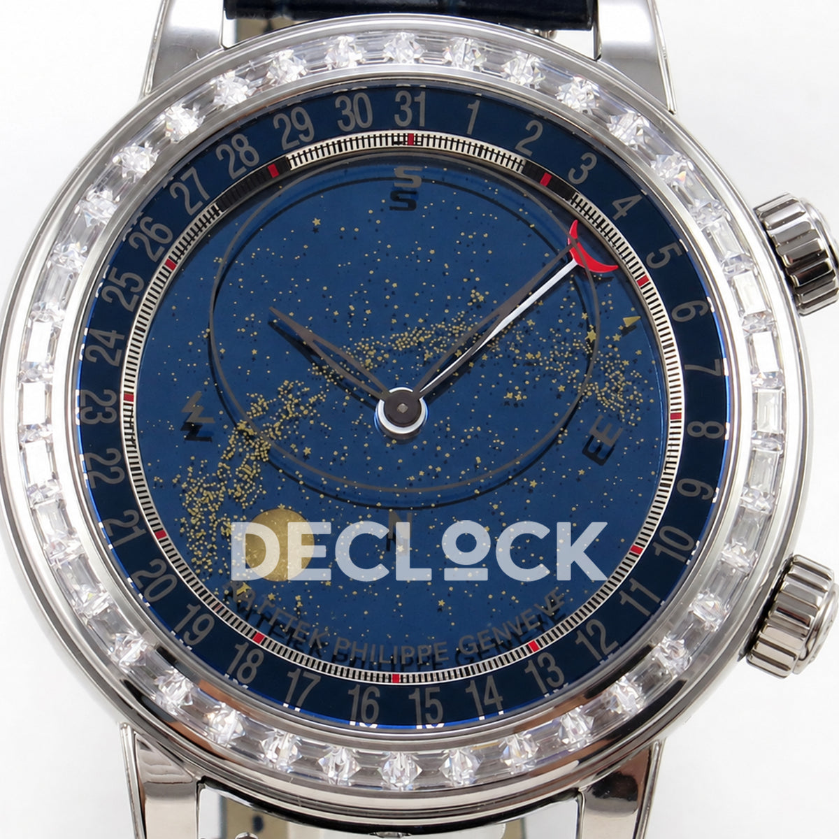Patek Philippe Celestial 6104P-010 PPF replica with blue dial and clear stone bezel — front dial close-up