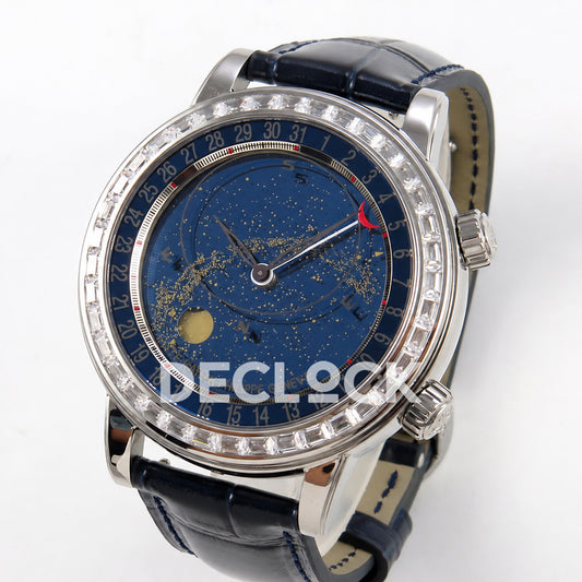 Patek Philippe Celestial 6104P-010 PPF replica with blue dial and clear stone bezel — three-quarter view