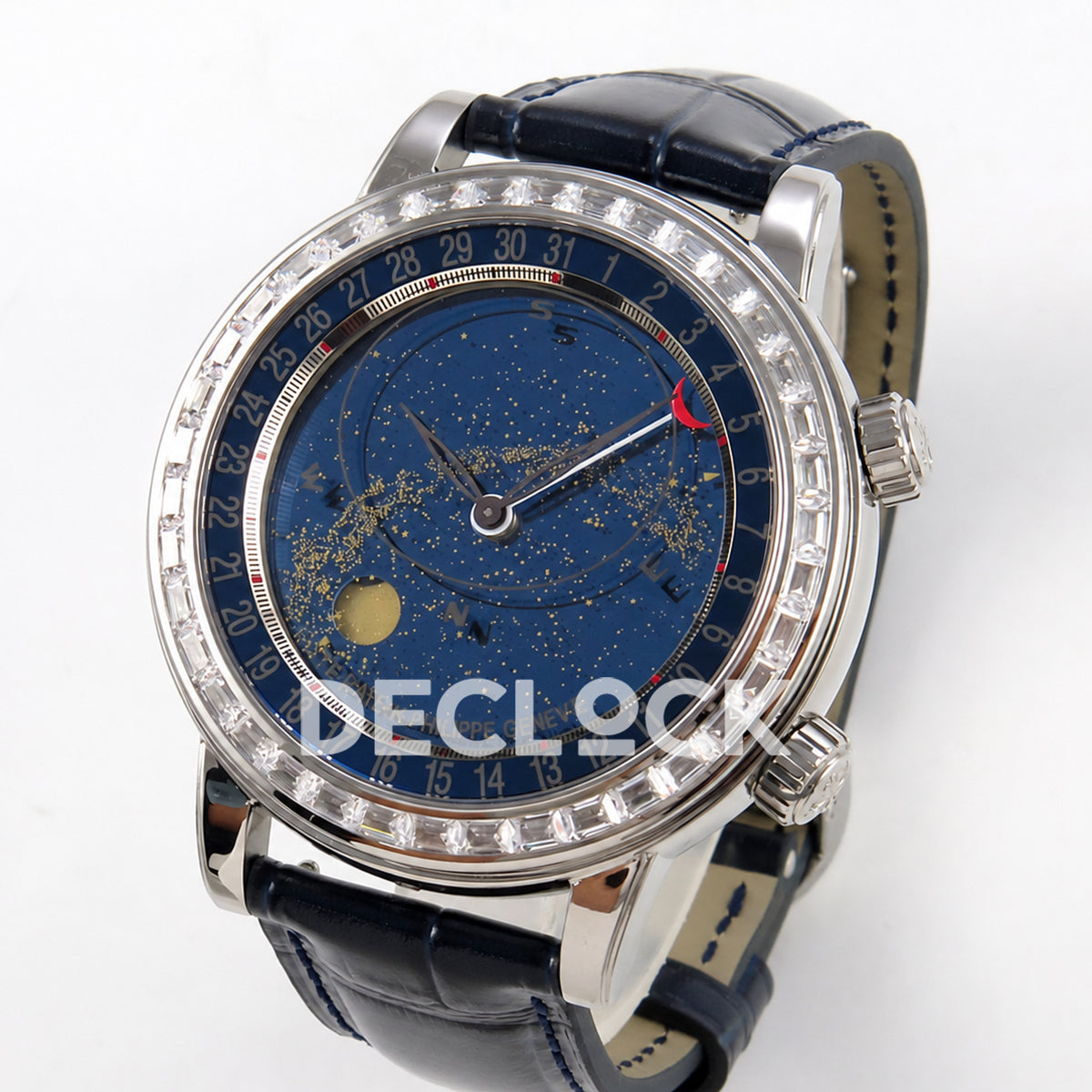 Patek Philippe Celestial 6104P-010 PPF replica with blue dial and clear stone bezel — three-quarter view