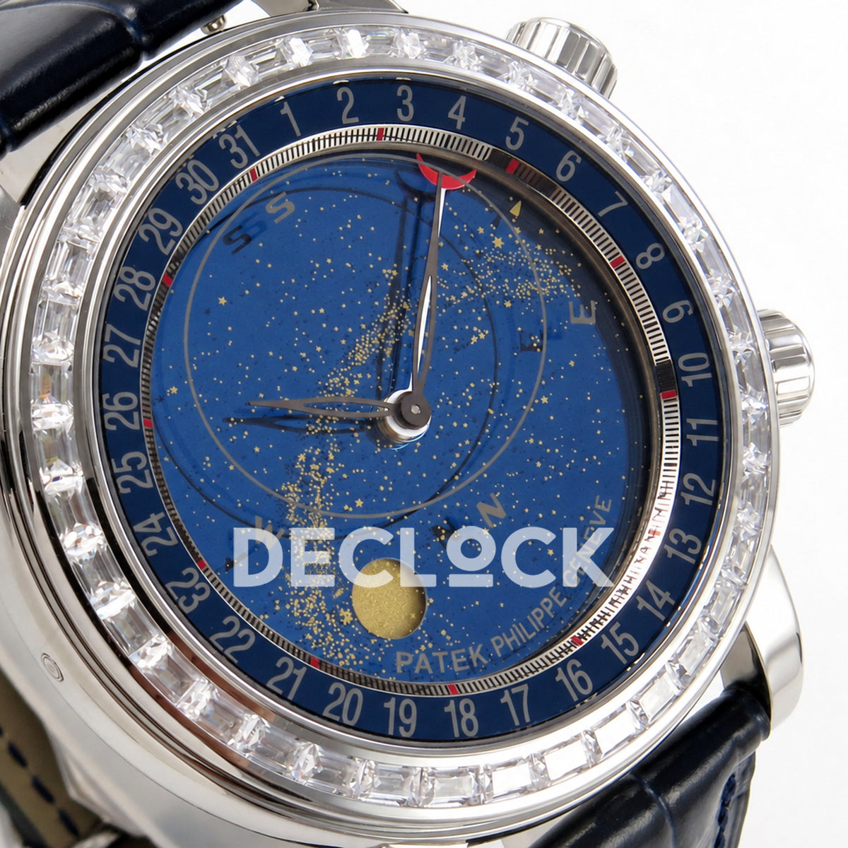 Patek Philippe Celestial 6104P-010 PPF replica with blue dial and clear stone bezel — left dial macro