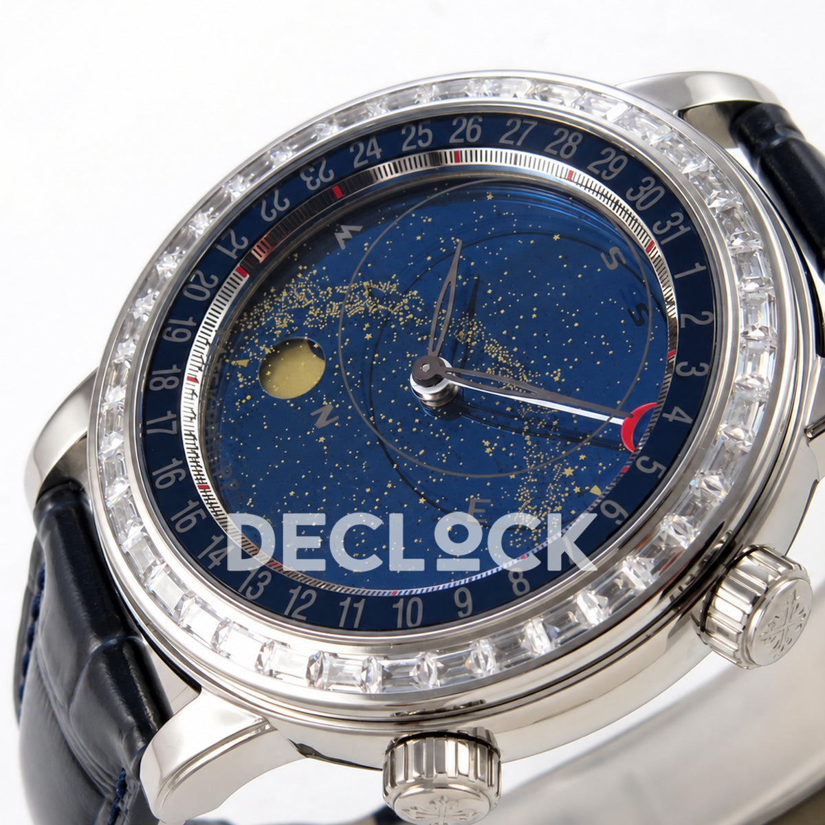 Patek Philippe Celestial 6104P-010 PPF replica with blue dial and clear stone bezel — right dial macro