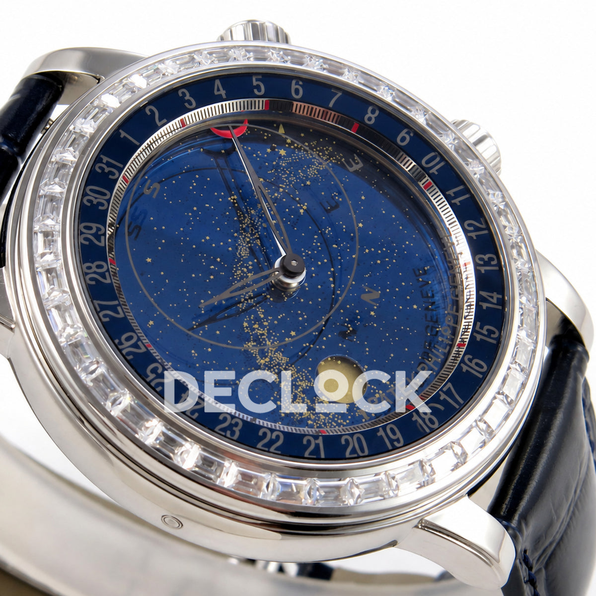 Patek Philippe Celestial 6104P-010 PPF replica with blue dial and clear stone bezel — angled dial macro