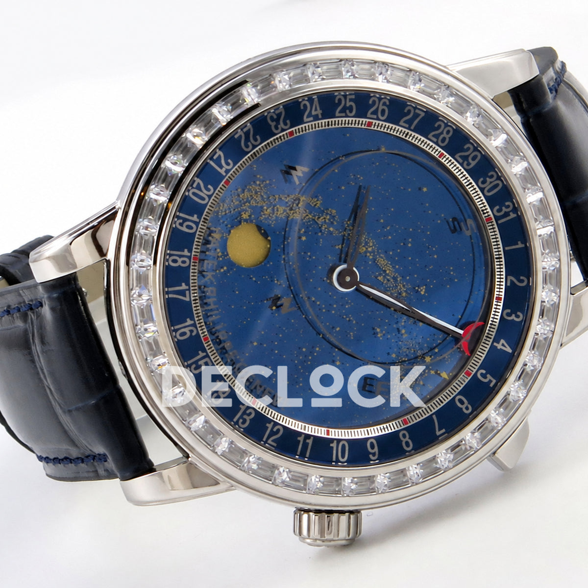 Patek Philippe Celestial 6104P-010 PPF replica with blue dial and clear stone bezel — sideways dial view