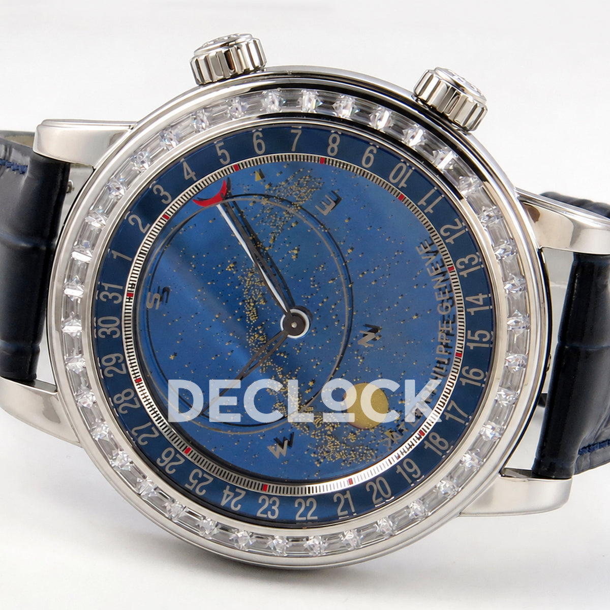 Patek Philippe Celestial 6104P-010 PPF replica with blue dial and clear stone bezel — opposite sideways dial view