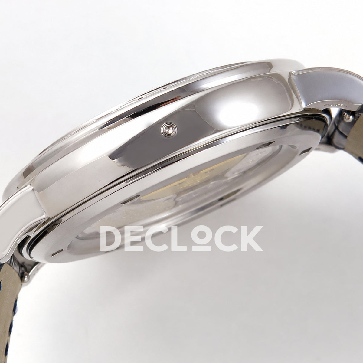Patek Philippe Celestial 6104P-010 PPF replica with blue dial and clear stone bezel — case profile and pushbutton