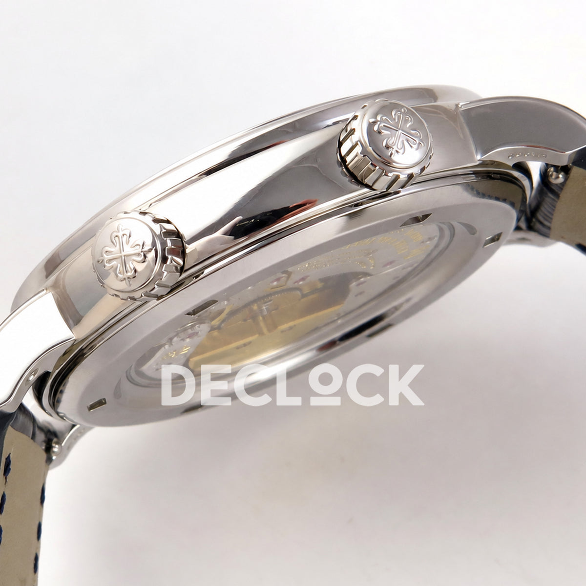 Patek Philippe Celestial 6104P-010 PPF replica with blue dial and clear stone bezel — case profile and crowns
