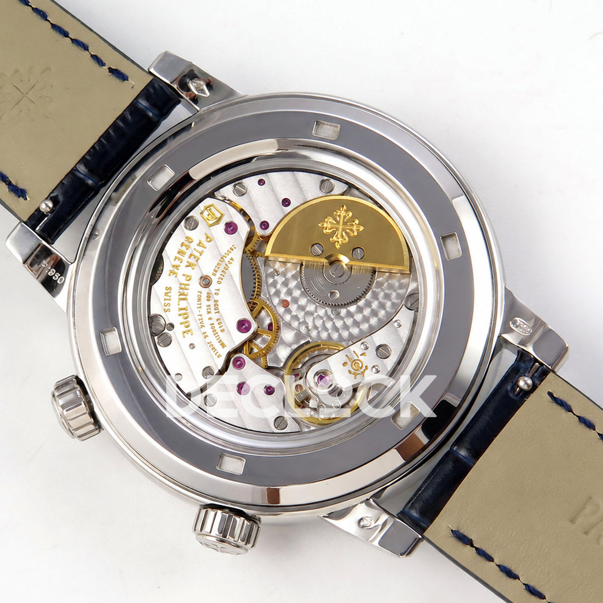 Patek Philippe Celestial 6104P-010 PPF replica with blue dial and clear stone bezel — sapphire caseback with rotor upright