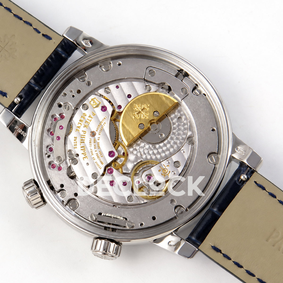 Patek Philippe Celestial 6104P-010 PPF replica with blue dial and clear stone bezel — exposed movement with rotor angled left