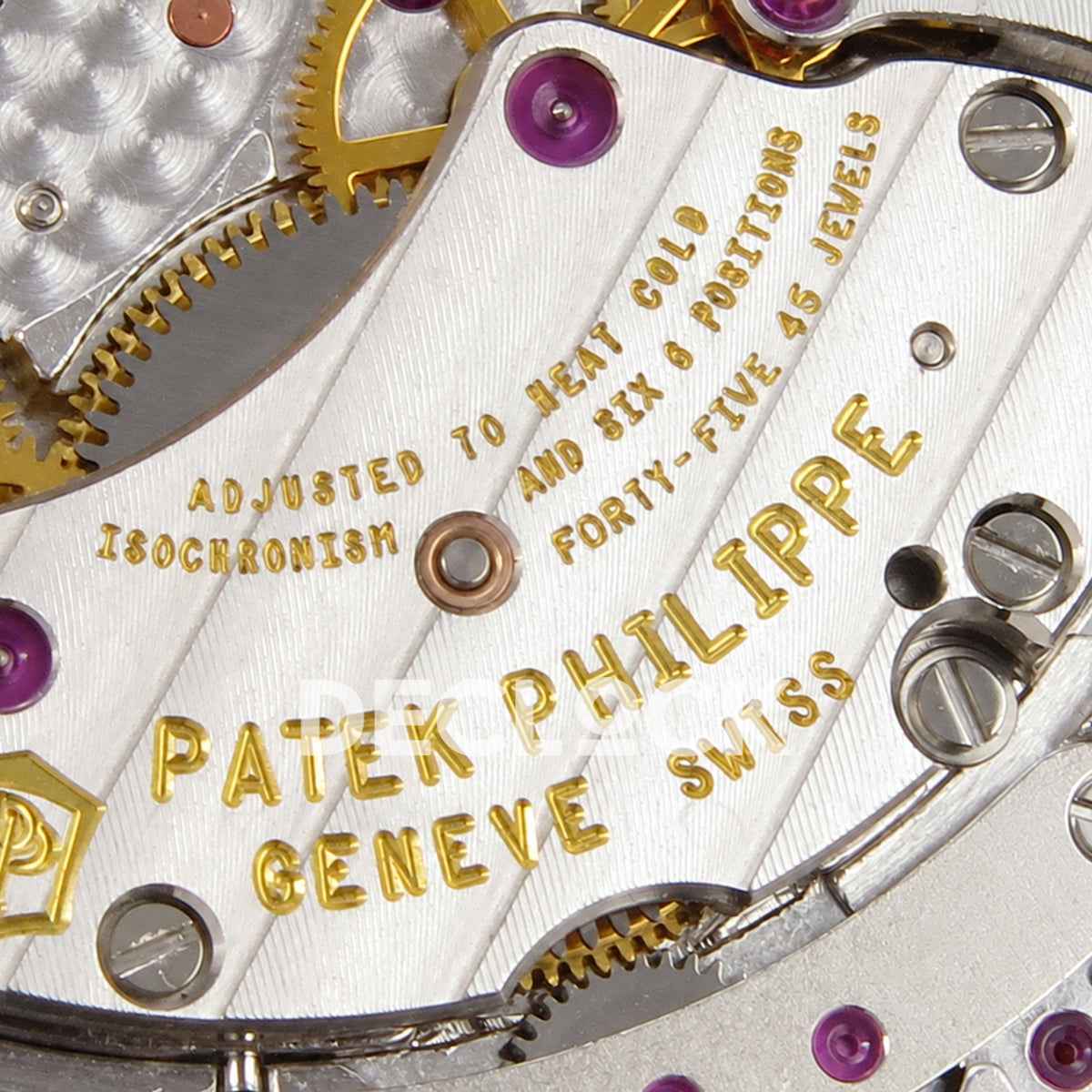Patek Philippe Celestial 6104P-010 PPF replica with blue dial and clear stone bezel — engraved movement bridge macro