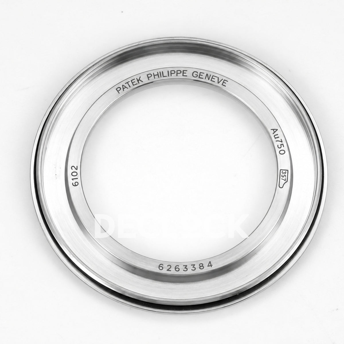 Patek Philippe Celestial 6104P-010 PPF replica with blue dial and clear stone bezel — caseback engraved side
