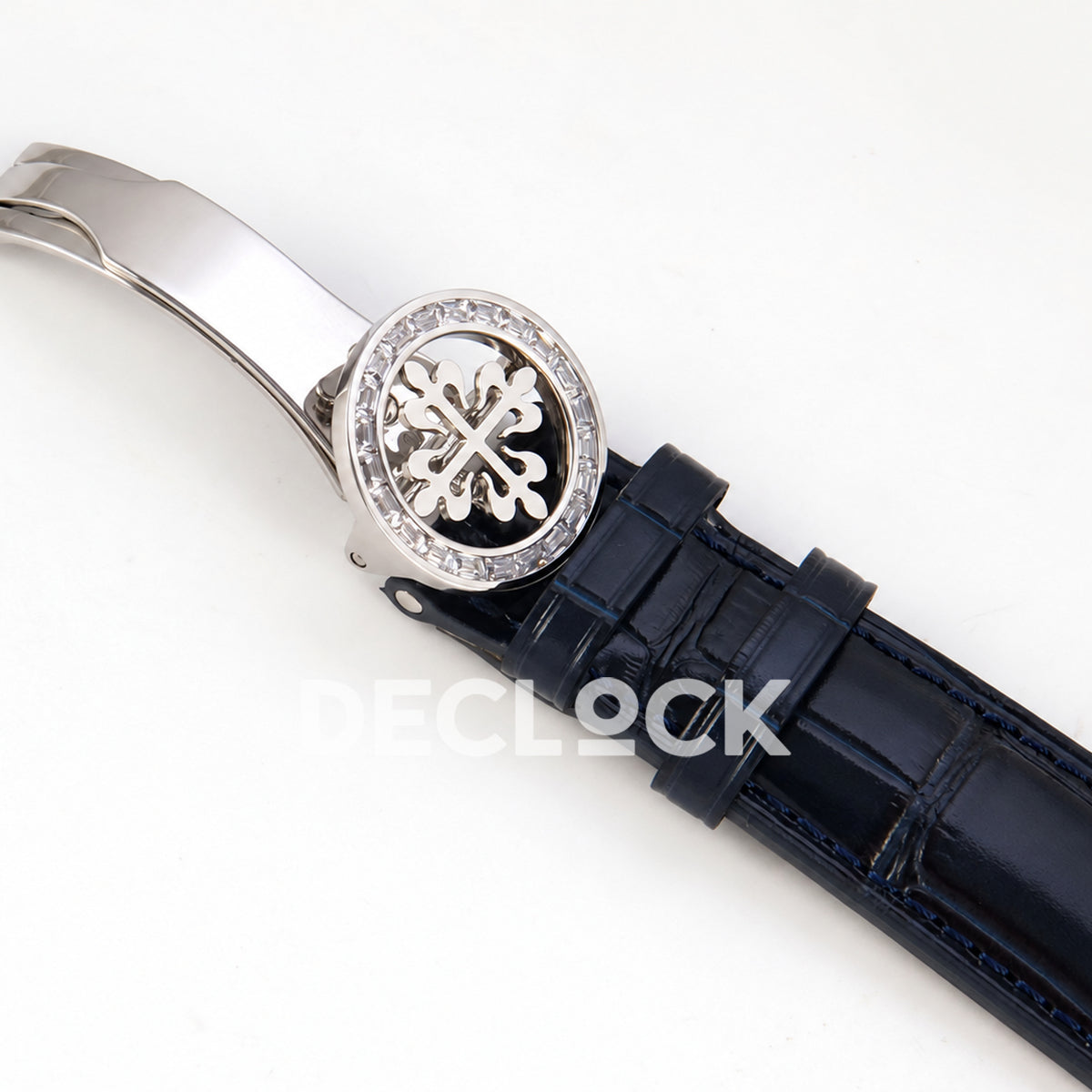 Patek Philippe Celestial 6104P-010 PPF replica with blue dial and clear stone bezel — leather strap and clasp