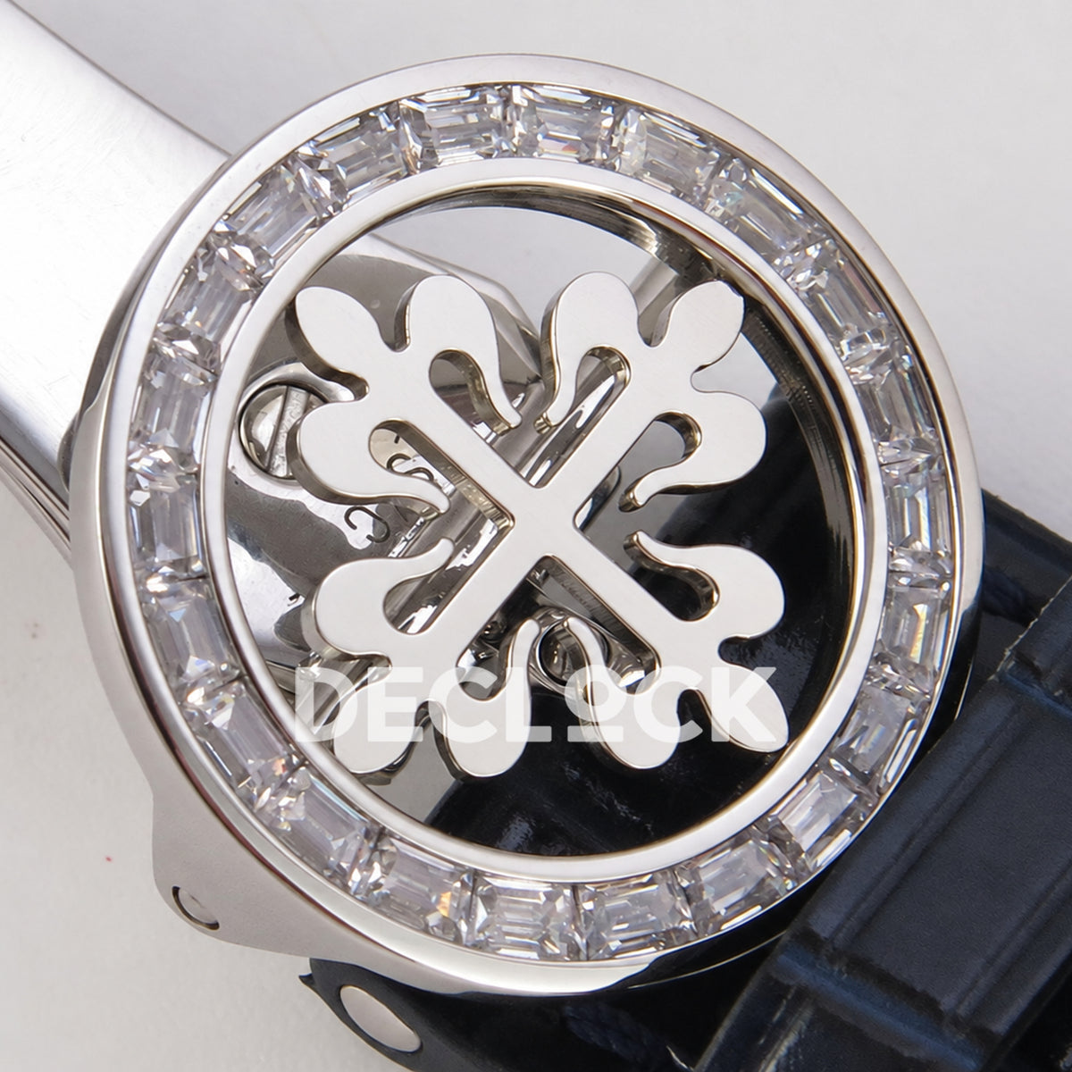 Patek Philippe Celestial 6104P-010 PPF replica with blue dial and clear stone bezel — clasp emblem with decorative stones